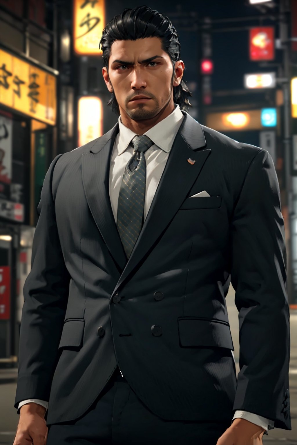 (1 image only), solo male, 1boy, Daigo Dojima, Yakuza, 34 years old, Asian, Japanese, black hair,  short hair, slicked back hair, stubble, handsome,  white collared shirt, (black suit jacket:1.4), black necktie, fit body, mature, manly, hunk, masculine,  virile, confidence, charming, alluring, upper body in frame, night at Kabukicho Tokyo, perfect anatomy, perfect proportions, 8k, HQ, (best quality:1.5, hyperrealistic:1.5, photorealistic:1.4, madly detailed CG unity 8k wallpaper:1.5, masterpiece:1.3, madly detailed photo:1.2), (hyper-realistic lifelike texture:1.4, realistic eyes:1.2), high_resolution, picture-perfect face, perfect eye pupil, detailed eyes,  perfecteyes, perfecteyes, dutch angle