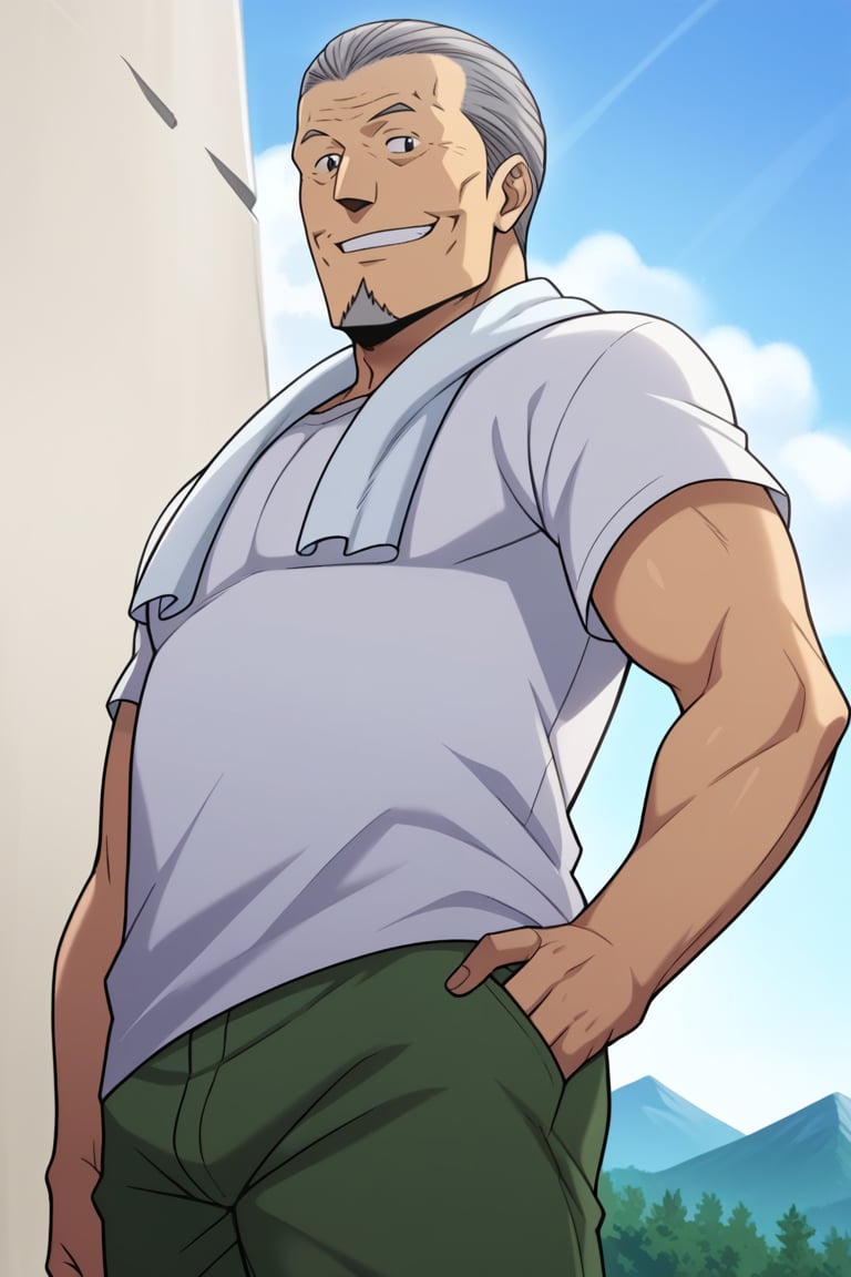 perfect anatomy, perfect proportions, best quality, masterpiece, high_resolution, high quality, aesthetic, absurdres, (male focus), solo male, adult, mature, masculine, manly, handsome, charming, alluring, solo man, old man, source_anime, anime coloring, Daisaku Mikage, SSDaisaku, grey hair, short hair, hair slicked back, black eyes, facial hair, goatee, white t-shirt, short sleeves, green pants, white towel around neck, cowboy shot, dutch angle, from below, low angle, blue sky, outdoor, mountain, smile