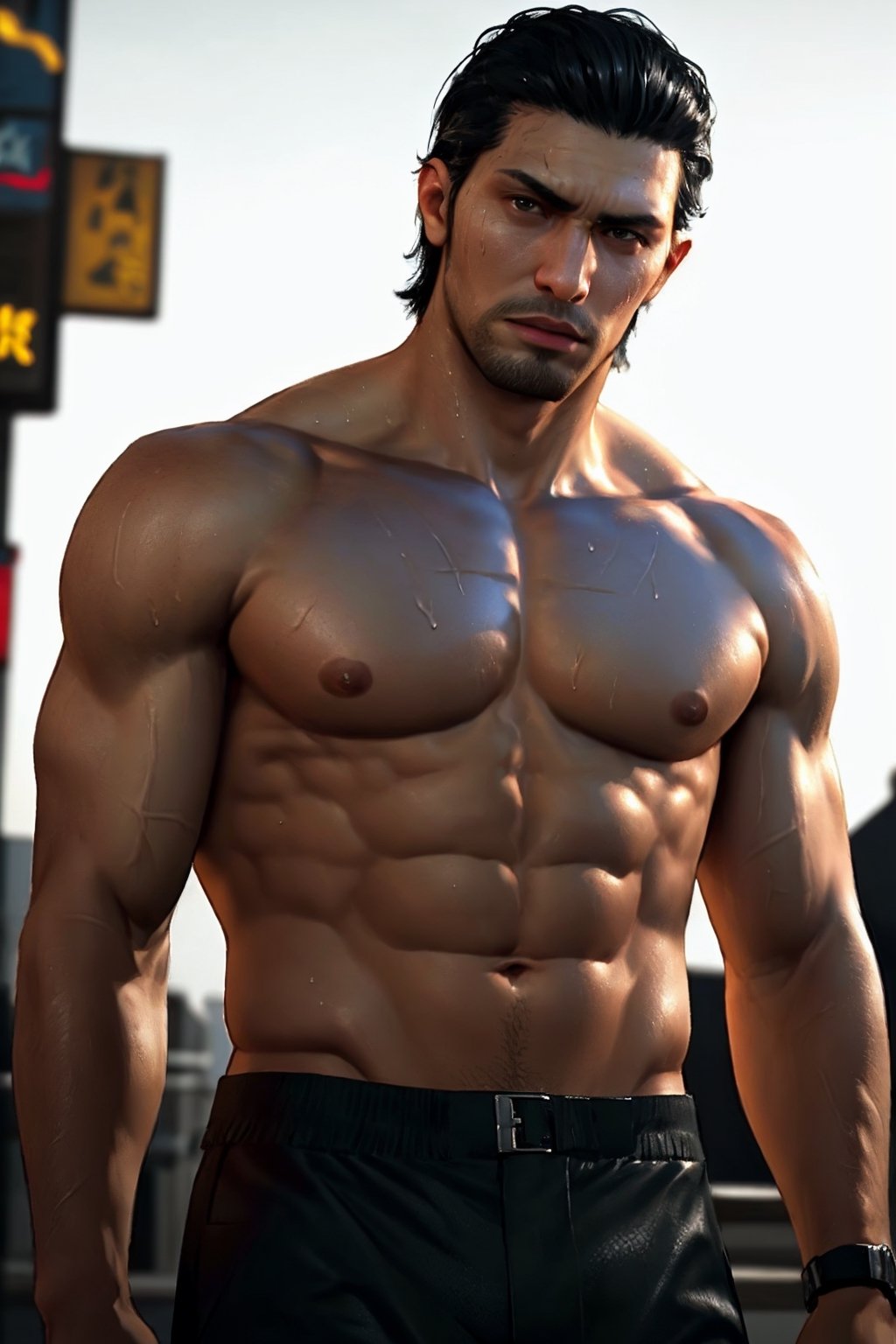 (1 image only), solo male, 1boy, Daigo Dojima, Yakuza, 34 years old, Asian, Japanese, black hair,  short hair, slicked back hair, stubble, handsome,  (topless, shirtless), (black pants), fit body, sweaty skin, shiny skin, mature, manly, hunk, masculine, virile, confidence, charming, alluring, upper body in frame, night at Kabukicho Tokyo, perfect anatomy, perfect proportions, 8k, HQ, (best quality:1.5, hyperrealistic:1.5, photorealistic:1.4, madly detailed CG unity 8k wallpaper:1.5, masterpiece:1.3, madly detailed photo:1.2), (hyper-realistic lifelike texture:1.4, realistic eyes:1.2), high_resolution, picture-perfect face, perfect eye pupil, detailed eyes,  perfecteyes, perfecteyes, dutch angle,realistic,photorealistic