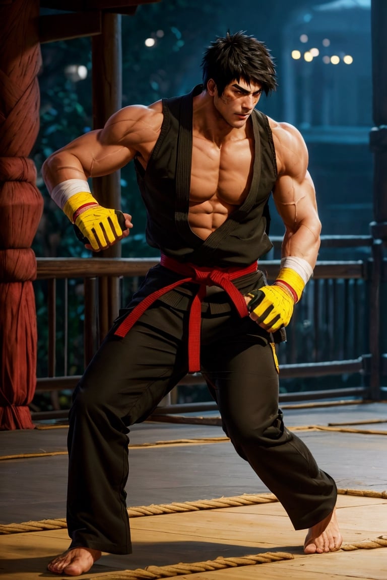 solo male, Grappler, Dungeon Fighter Online, black hair, short hair, brown eyes, thick eyebrows, forked eyebrows, stubble, green eyes, scars on face, scar on cheek, scar on chest, pectorals, pectoral cleavage, rn black dougi, black martial arts pants, red martial arts belt, yellow fingerless gloves, barefoot, bandaged hand, toned male, mature, handsome, charming, alluring, erotic, blush, shy, fighting stance
, upper body, perfect anatomy, perfect proportions, ((perfect eyes, perfect, parfect fingers)), best quality, masterpiece, high_resolution, dutch angle, photo background,1guy