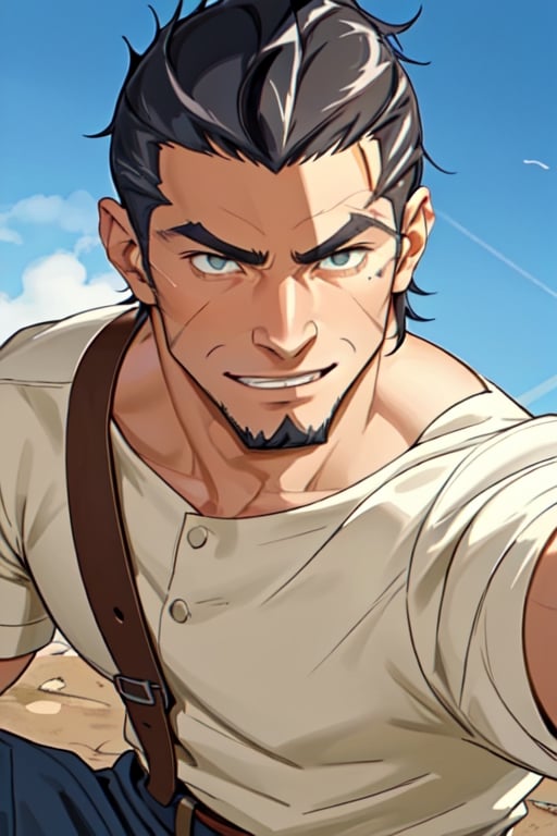 (1 image only), solo male, Kaburagi, Deca Dence, greying black hair, slicked back hair, thick eyebrows, sideburns, goatee, green eyes, scar, tucked-in wide necked short-sleeved pure white shirt, sleeves tucked up and buttoned, short sleeves, olive wide worker pants, black belt tied, brown boots. simpple leather bracelet, toned male, mature, handsome, charming, alluring, grin, (portrait, close-up), perfect anatomy, perfect proportions, best quality, masterpiece, high_resolution, dutch angle, outdoors, day, blue sky, science fiction, citadel on sky, photo background, bare neck,