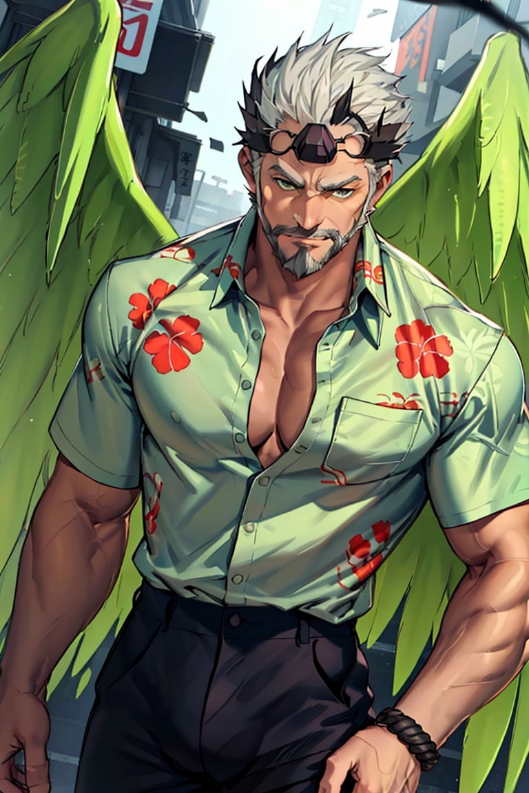 (1 image only), solo male, bara, Hogen, Tokyo Afterschool Summoners, Asain, Japanese, Tengu, old man, white hair, short hair, gold eyes, thick eyebrows, white facial hair, white beard, tengu-geta, (untucked  shirt:1.5), (green hawaiian shirt, partially unbuttoned shirt), black pants, mature, handsome, charming, alluring, standing, upper body in frame, perfect anatomy, perfect proportions, 2D, anime, (best quality, masterpiece), (perfect eyes, perfect eye pupil), high_resolution, dutch angle, Tokyo city street, better_hands, green wings