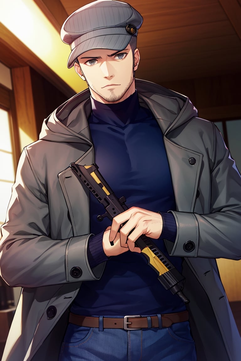 (1 image only), solo male, Munehisa Iwai,  Persona, Asian ,Japanese, Weapons Dealer, grey hair, short hair, stubble, grey eyes, sideburns, gray pin-striped hat with yellow ear defenders, black turtleneck sweater, long gray coat, open coat, coat hood down, simple blue jeans, black leather boots, mature, handsome, charming, alluring, upper body, perfect anatomy, perfect proportions, (best quality, masterpiece), (perfect eyes), high_resolution, dutch angle, cowboy shot  ,Munehisa Iwai
