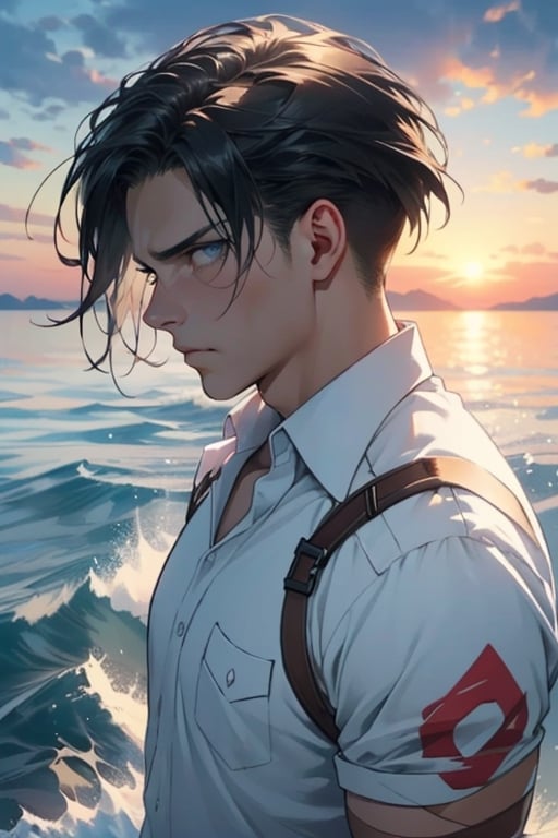 Levi Ackerman, black hair, dull blue eyes, pure white collared shirt,(white eye bandage on right eye:1.1), (AttackonTitan, wearing Omni-directional mobility gear), fit body, 34 years old, charming, alluring, dejected, depressed, sad, calm eyes, (standing), (upper body in frame), simple background, endless ocean, pink cloudy sky, dawn, 1910s harbor, only1 image, perfect anatomy, perfect proportions, perfect perspective, 8k, HQ, (best quality:1.5, hyperrealistic:1.5, photorealistic:1.4, madly detailed CG unity 8k wallpaper:1.5, masterpiece:1.3, madly detailed photo:1.2), (hyper-realistic lifelike texture:1.4, realistic eyes:1.2), picture-perfect face, perfect eye pupil, detailed eyes, realistic, HD, UHD, (front view, symmetrical picture, vertical symmetry:1.2), look at viewer