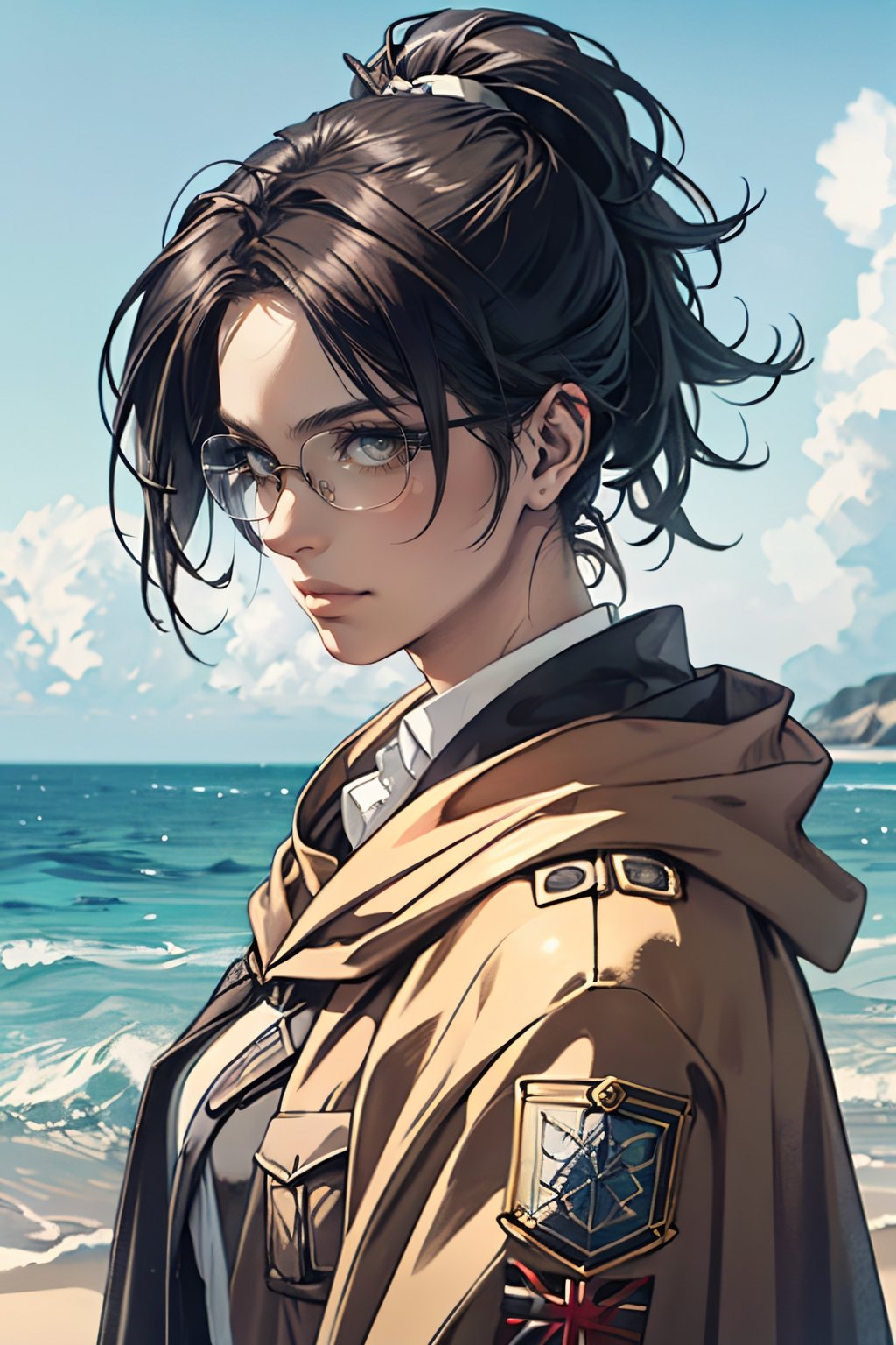 1 girl, HangeAOT, dark brown hair, messy high ponytail, light brown eyes, (aquiline nose:1.2), pure white collared shirt, (green scouts cloak:1.2), glasses, (black eye patch on left eye), fit body, mature, 35 years old, charming, alluring, (standing), (upper body in frame), simple background, endless ocean, pink cloudy sky, dawn, 1910s harbor, only1 image, perfect anatomy, perfect proportions, perfect perspective, 8k, HQ, (best quality:1.5, hyperrealistic:1.5, photorealistic:1.4, madly detailed CG unity 8k wallpaper:1.5, masterpiece:1.3, madly detailed photo:1.2), (hyper-realistic lifelike texture:1.4, realistic eyes:1.2), picture-perfect face, perfect eye pupil, detailed eyes, realistic, HD, UHD, (front view, symmetrical picture, vertical symmetry:1.2), look at viewer,AttackonTitan,HangeAOT, survey military uniform