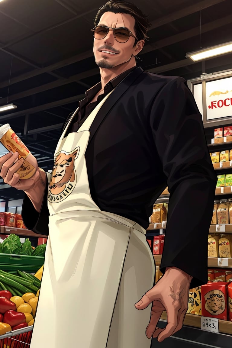 solo male, Tatsu, Japanese, househusband, yakuza, tattoos on body, black hair, slicked back hair, stubble, dark brown eyes, scar on face, casual-formal wear, dark collared shirt, black jacket, long sleeves , black pants, cream-colored apron with Shiba Inu print, aviator sunglasses, black shoes, toned male, mature, handsome, charming, alluring, grin, standing, upper body, perfect anatomy, perfect proportions, best quality, masterpiece, high_resolution, dutch angle, cowboy shot, photo background, grocery store,Tatsu