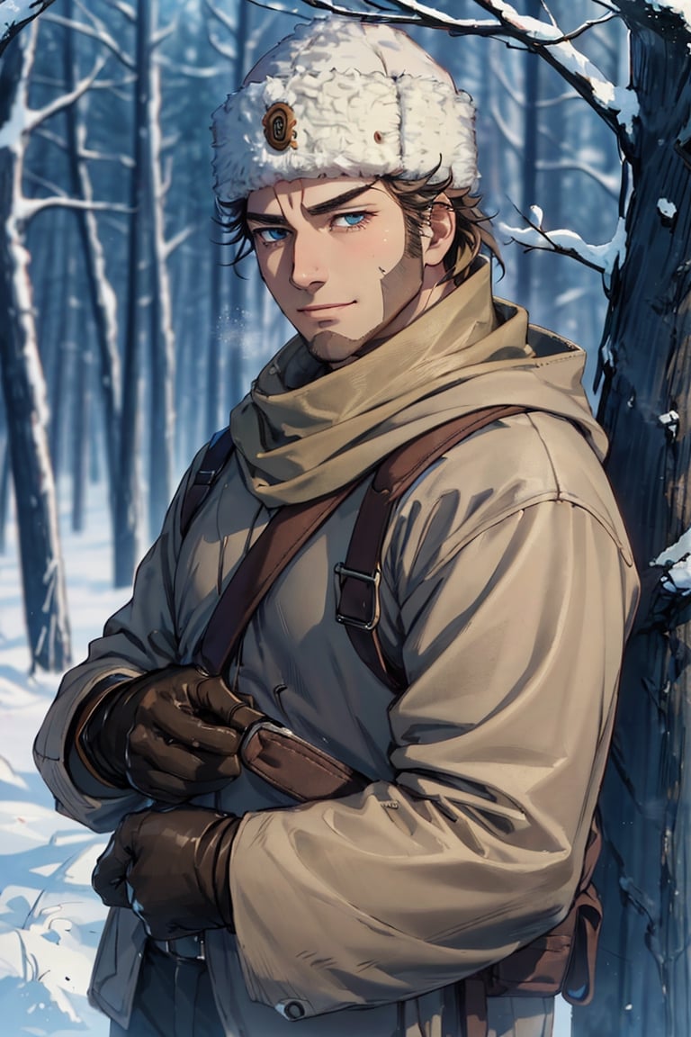 (human), (1 image only), solo male, Vasily Pavlichenko, Golden Kamuy, Russian, sniper, brown hair, blue eyes, sharp eyes, defined eyelashes, furrowed brow, grin, wavy medium-length hair, bold sideburns, short and neat Shenandoah beard, lightly-colored coat, dark gloves, scarf, pants, boots, crossbody bag, handsome, charming, alluring, standing, upper body in frame, perfect anatomy, perfect proportions, 2d, anime, (best quality, masterpiece), (perfect eyes, perfect eye pupil), high_resolution, dutch angle, snowy forest, better_hands, tall wool cap, papakha, ushanka,fantasy art