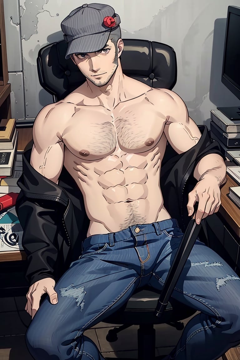 (1 image only), solo male, Munehisa Iwai,  Persona, Asian, Japanese, Weapons Dealer, grey hair, short hair, (grey pin-striped cap:1.3), stubble, grey eyes, sideburns, complete topless, bare neck, bare chest, bare belly, bare abdomen, bare shoulder, bare arms, simple blue jeans, black leather boots, mature, masculine, handsome, charming, alluring, lying on chair, (foot on desk), (holding lollipop), smirk, pov, perfect anatomy, perfect proportions, (best quality, masterpiece), (perfect eyes), high_resolution, dutch angle, [cowboy shot], weapon workshop, slight spread legs ,handsome nude guy