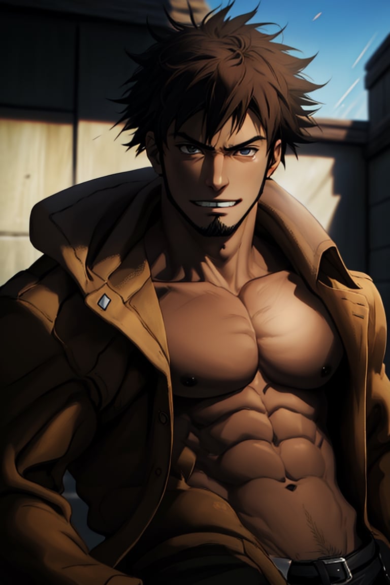 solo male, Genma Shizume, Asian, Japanese, black hair, chinstrap beard, sideburns, black eyes, calm eyes, slitty eyes, intense gaze, (topless, bare chest, bare neck, bare belly), (light brown trench coat, open trench coat:1.2), black pants, black gloves, mature, masculine, handsome, charming, allurin, grin, smile, upper body, perfect anatomy, perfect proportions, (best quality, masterpiece, high_resolution:1.3), (perfect eyes, perfecteyes:1.3),perfecteyes