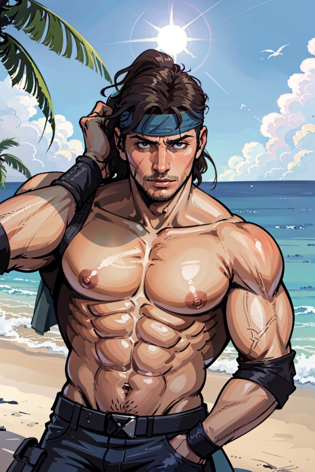 navel, nipples, male focus, outdoors, sky, shorts, day, cloud, wet, muscular, beach, abs, pectorals, muscular male, bara, large pectorals, palm tree, bare pectorals, HQ, photorealistic, masterpiece:1.5, best quality, beautiful lighting, realistic, real image, intricate details, everything in razor sharp focus, perfect focus, perfect face, extremely handsome, Photograph, masterwork, supreme resolution, 32K, ultra-defined ,(MkmCut),(1man),perfecteyes, facing sunlight, sunny, bright ambience, sexy, charming, alluring, seductive, bright sun light, midday,perfect light, lying down on beach,excessive sweaty, Portrait, solid snake, solid snake navy blue headband,erection, nude, bottomless, shirtless, Erection Penis, short hair,mature,gay anal,FullNelson,ahg,muscular
