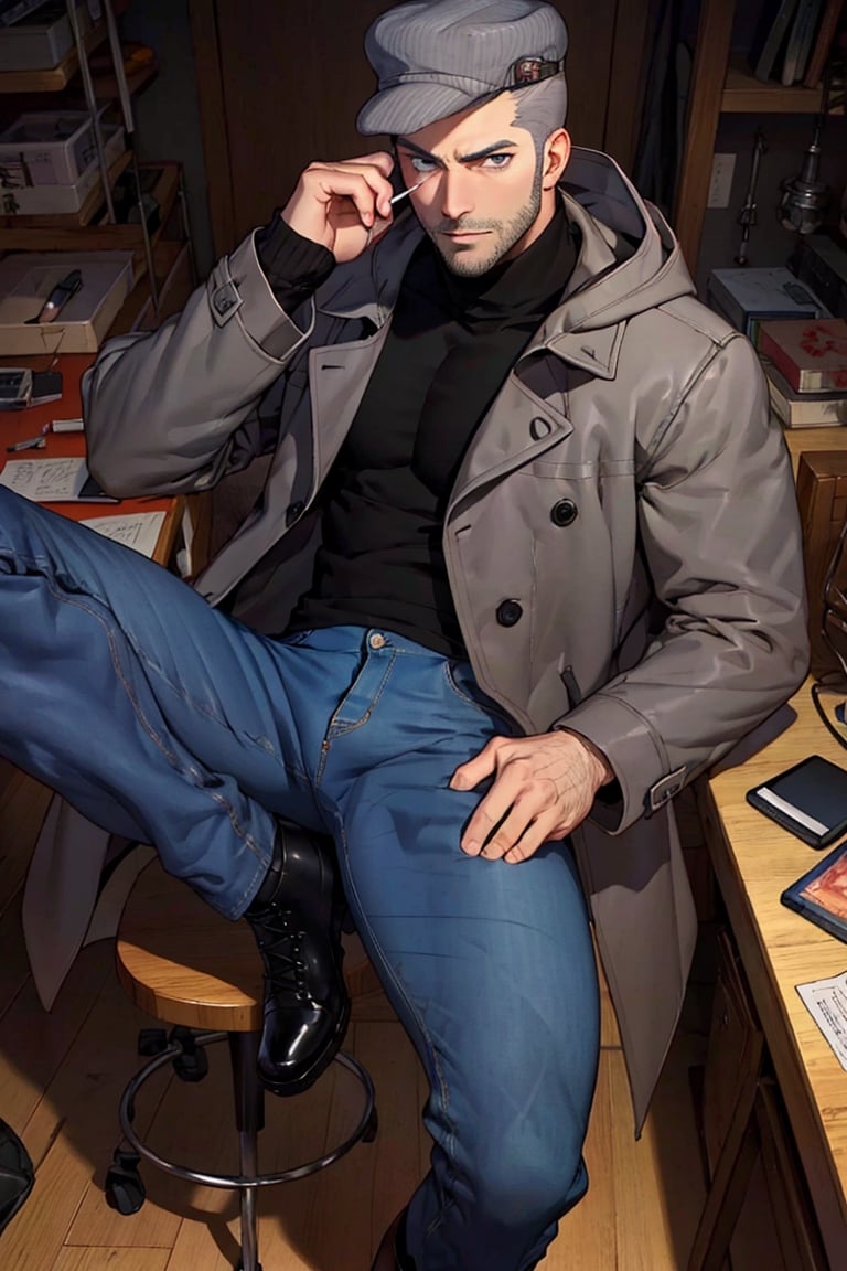 (1 image only), solo male, Munehisa Iwai,  Persona, Asian, Japanese, Weapons Dealer, grey hair, short hair, grey hat, stubble, grey eyes, sideburns, black turtleneck sweater, long gray coat, open coat, coat hood down, simple blue jeans, black leather boots, mature, masculine, handsome, charming, alluring, lying on chair, (foot on desk), holding lollipop, pov, perfect anatomy, perfect proportions, (best quality, masterpiece), (perfect eyes), high_resolution, dutch angle, [cowboy shot], weapon workshop