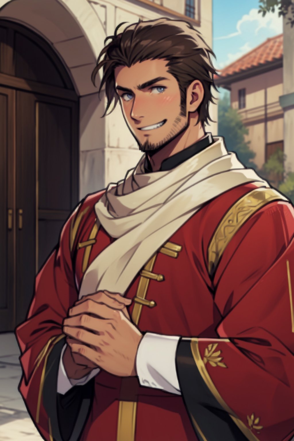 (1 image only), (solo male), 1boy, Sadik Adnan, Turkey, Hetalia: Axis Powers, Turkish male, olive-skinned, facial hair, chinstrap stubble, sideburns, brown hair, short hair, grin, red tunic, white sleeves, Ottoman Kavuk, scarf, handsome, mature, charming, alluring, portrait, upper body, perfect anatomy, perfect proportions, 8k, HQ, (best quality:1.2, hyperrealistic:1.2, photorealistic:1.2, masterpiece:1.3, madly detailed photo:1.2), (hyper-realistic lifelike texture:1.2, realistic eyes:1.2), high_resolution, perfect eye pupil, (standing), perfecteyes, Hagia sophia, Istanbul loction, Islamic building, better_hands, perfecteyes,TurkeyHetalia,Sadik Adnan