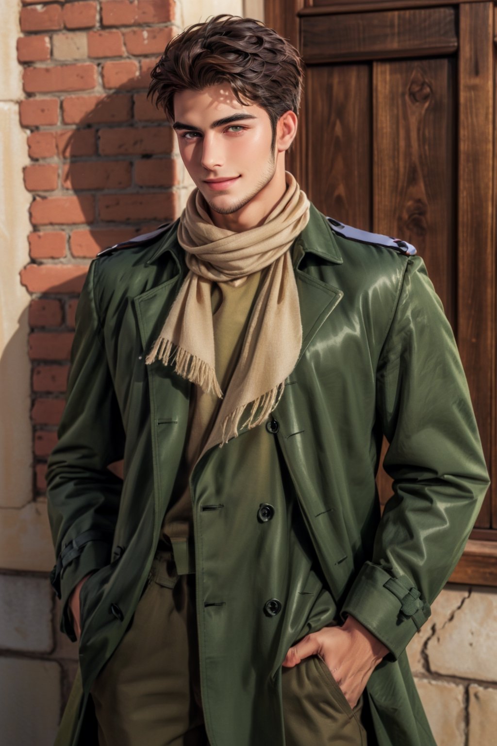 (1 image only), (solo male), 1boy, Sadik Adnan, Turkey, Hetalia: Axis Powers, Turkish male, olive-skinned, facial hair, chinstrap stubble, sideburns, brown hair, short hair, grin, (tan color scarf), long green military trench coat, brown pants, knee-high boots, black gloves, handsome, mature, charming, alluring, portrait, upper body, perfect anatomy, perfect proportions, 8k, HQ, (best quality:1.2, hyperrealistic:1.2, photorealistic:1.2, masterpiece:1.3, madly detailed photo:1.2), (hyper-realistic lifelike texture:1.2, realistic eyes:1.2), high_resolution, perfect eye pupil, (standing), perfecteyes, Hagia sophia, Istanbul loction, Islamic building, better_hands, perfecteyes