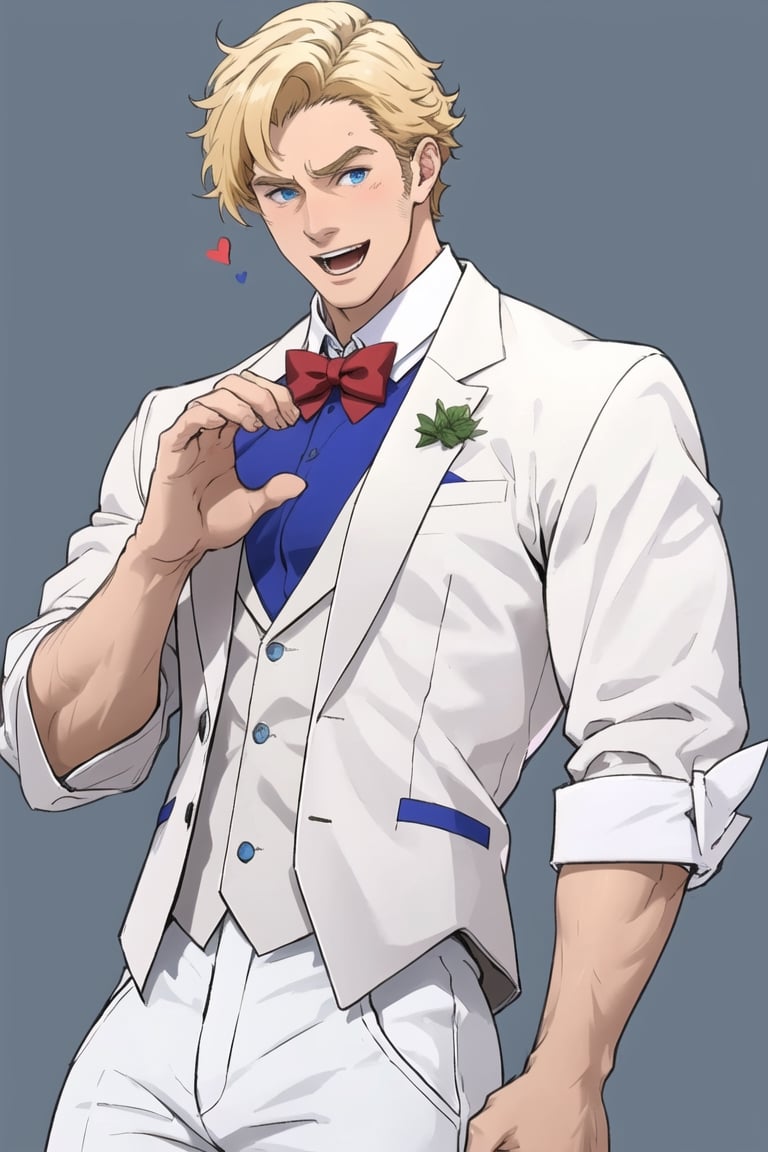 solo male, Lewis Smith \(Brave Bang Bravern\), blond hair, short hair, blue eyes, (white tuxedo, white tuxedo sleeves, grey vest, white pants, white bowtie), red rose, mature, handsome, charming, alluring, muscular, beefy,, ((heart hands)), blush, smile, open mouth, standing, upper body, perfect anatomy, perfect proportions, best quality, masterpiece, high_resolution, dutch angle, cowboy shot, simple background, 