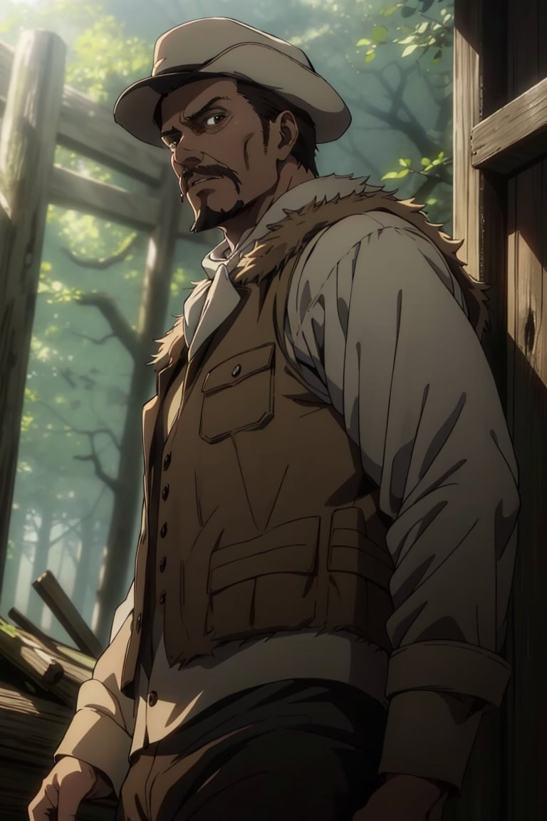 solo male, Artur Braus, Attack on Titan Anime style, hunter, shaggy brown hair, hair slicked back, brown eyes, sideburns, thin moustache, thin goatee, white shirt, ((brown fur trim vest, close vest)), long sleeves, ((loose red cravat)), black pants, hat, middle-age, mature, handsome, charming, alluring, standing, upper body, perfect anatomy, perfect proportions, best quality, masterpiece, high_resolution, dutch angle, cowboy shot, photo background, forest
