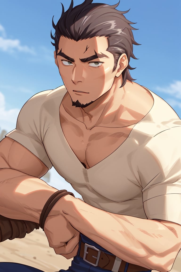 (1 image only), solo male, Kaburagi, Deca Dence, greying black hair, slicked back hair, thick eyebrows, sideburns, goatee, green eyes, scar, tucked-in wide necked short-sleeved white shirt, sleeves tucked up and buttoned, short sleeves, olive wide worker pants, black belt tied, brown boots. simplpe leather bracelet, toned male, mature, handsome, charming, alluring, (portrait, close-up), perfect anatomy, perfect proportions, best quality, masterpiece, high_resolution, dutch angle, outdoors, day, blue sky, science fiction, citadel on sky, photo background, (bare neck, collarbone:1.3)