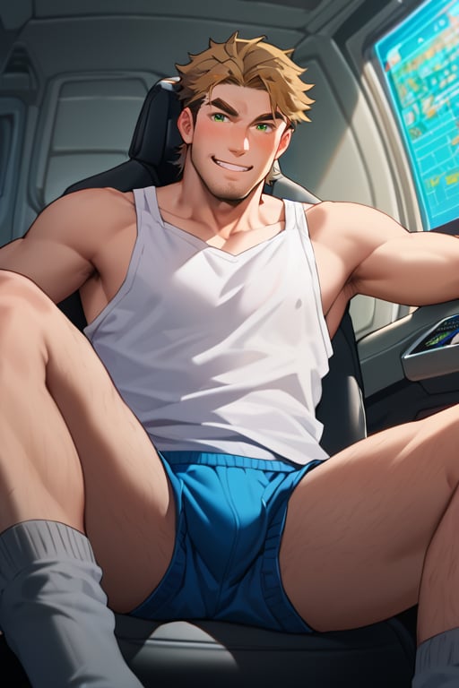 score_9, score_8_up, score_7_up, score_6_up, perfect anatomy, perfect proportions, best quality, masterpiece, high_resolution, high quality, solo male, Gagumber \(Sakugan\), brown hair, two-tone hair, sideburns, facial hair, stubble, green eyes, thick eyebrows, white tank top, blue bengal stripe boxer, loose boxer, grey socks, bare tights, bare legs, legs hair, leg_spread, sitting, blush, grin, mecha cockpit, operator's seat, holding mecha joystick, multiple monitor screen, science fiction, adult, mature, masculine, manly, handsome, charming, alluring, upper body, dutch angle, from below