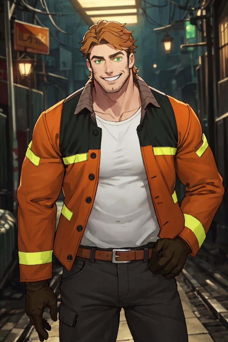 (1 image only), solo male, Gagumber, Sakugan,physical laborer worker, brown hair, two-tone hair, stubble, sideburns, green eyes, thick eyebrows, white tank top, orange High-visibility jacket, open jaket, green work pants, black boots, black gloves, mature, handsome, charming, alluring, smile, standing, upper body, perfect anatomy, perfect proportions, best quality, masterpiece high_resolution, dutch angle, cowboy shot, underground city