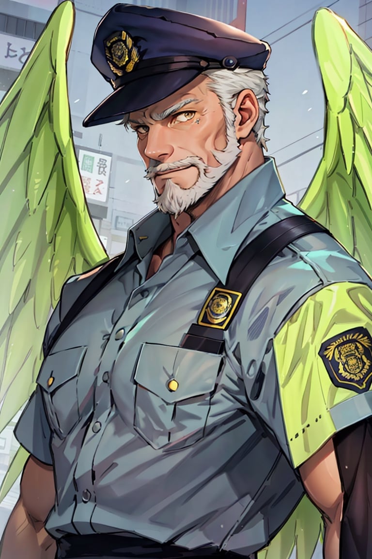 (1 image only), solo male, bara, Hogen, Tokyo Afterschool Summoners, Asain, Japanese, Tengu, old man, white hair, short hair, gold eyes, thick eyebrows, white facial hair, white beard, Japanese police uniform, Japanese police hat, pure aqua-color collared shirt, aqua-color sleeves, mature, handsome, charming, alluring, standing, upper body in frame, perfect anatomy, perfect proportions, 2D, anime, (best quality, masterpiece), (perfect eyes, perfect eye pupil), high_resolution, dutch angle, (Tokyo city street), better_hands, green wings