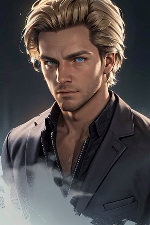 Felix Richter, blond hair, stubble, pale blue eyes, handsome, charming, alluring, debonair, (standing), (full body in frame), simple background, black background, fog, dark atmosphere, perfect light, perfect anatomy, perfect proportions, perfect perspective, 8k, HQ, (best quality:1.5, hyperrealistic:1.5, photorealistic:1.4, madly detailed CG unity 8k wallpaper:1.5, masterpiece:1.3, madly detailed photo:1.2), (hyper-realistic lifelike texture:1.4, realistic eyes:1.2), picture-perfect face, perfect eye pupil, detailed eyes, realistic, HD, UHD, (front view:1.2), looking outside frame