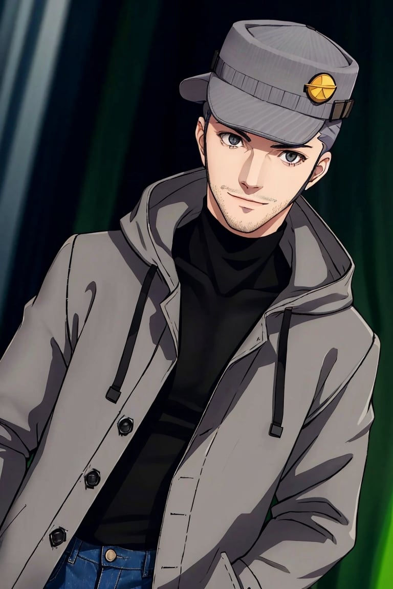 (1 image only), solo male, Munehisa Iwai,  Persona, Asian, Japanese, Weapons Dealer, grey hair, short hair, stubble, grey eyes, sideburns, gray pin-striped hat, [yellow ear defenders], black turtleneck sweater, long gray coat, open coat, coat hood down, simple blue jeans, black leather boots, mature, handsome, charming, alluring, smile, upper body, perfect anatomy, perfect proportions, (best quality, masterpiece), (perfect eyes), high_resolution, dutch angle, [cowboy shot]