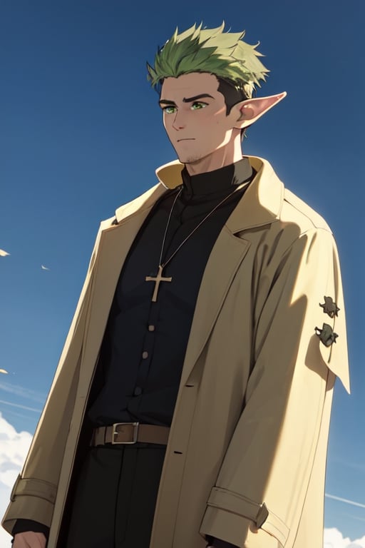 solo male, Kraft\(Frieren: Beyond Journey's End\), elf, masculine, manly, clergy, (olive green hair), short hair, undercut, multicolored hair, green eyes, pointed ears, BREAK (black clothing), black cassock\(clergy\) with yellow cuffs\(sleeves\), button up coat, short coat, black pants, white scarf, white puttee, shoes, necklace, mature, handsome, charming, alluring, standing, upper body, perfect anatomy, perfect proportions, best quality, masterpiece, high_resolution, dutch angle, cowboy shot, photo background