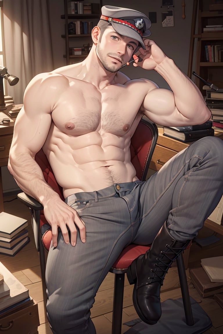 (1 image only), solo male, Munehisa Iwai,  Persona, Asian, Japanese, Weapons Dealer, grey hair, short hair, (grey pin-striped military cap:1.2), stubble, grey eyes, sideburns, complete topless, bare neck, bare chest, bare belly, bare abdomen, bare shoulder, bare arms, simple blue jeans, black leather boots, mature, masculine, handsome, charming, alluring, lying on chair, (foot on desk), (holding lollipop), smirk, pov, perfect anatomy, perfect proportions, (best quality, masterpiece), (perfect eyes), high_resolution, dutch angle, [cowboy shot], weapon workshop, slight spread legs,handsome nude guy