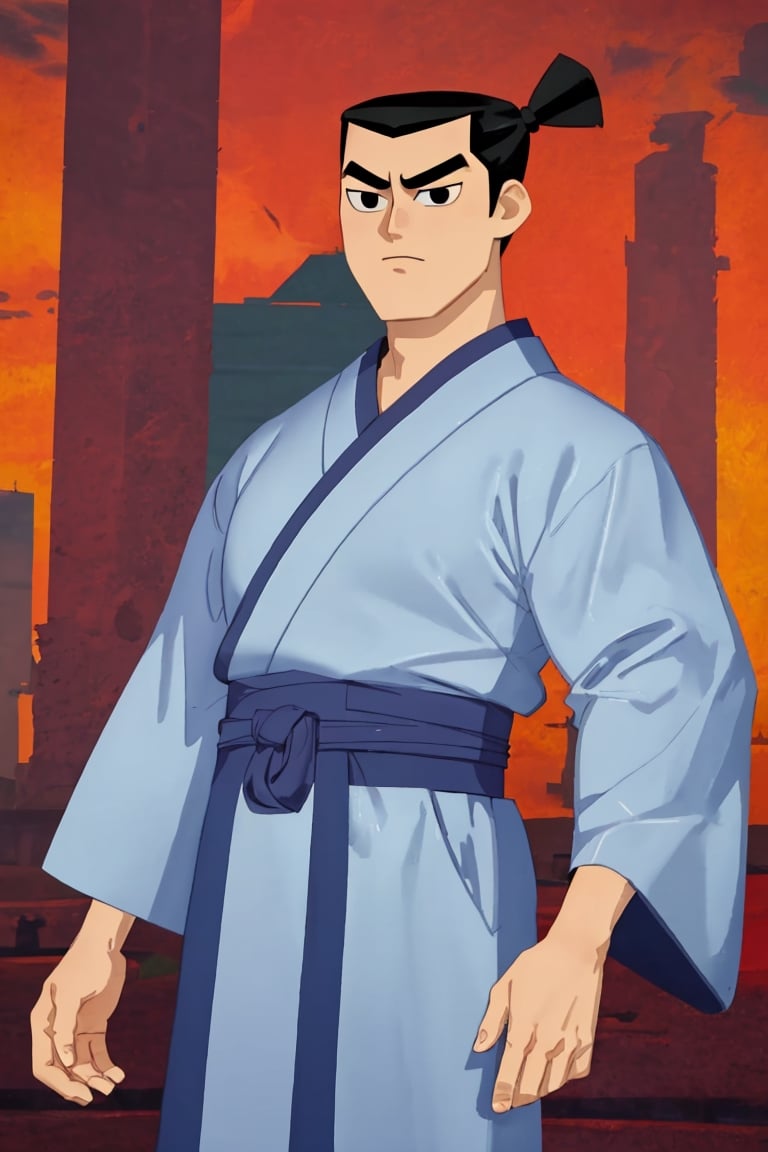 (1 image only), solo male, Samurai Jack, Cartoon Network style, Asian, Japanese, black hair, topknot, black eyes, geta, whire kimono, wide sleeves, mature, handsome, charming, alluring, standing, upper body, perfect anatomy, perfect proportions, (best quality, masterpiece), perfect hands, high_resolution, dutch angle, cowboy shot, fine art, 2d, flat, single placket, grey placket