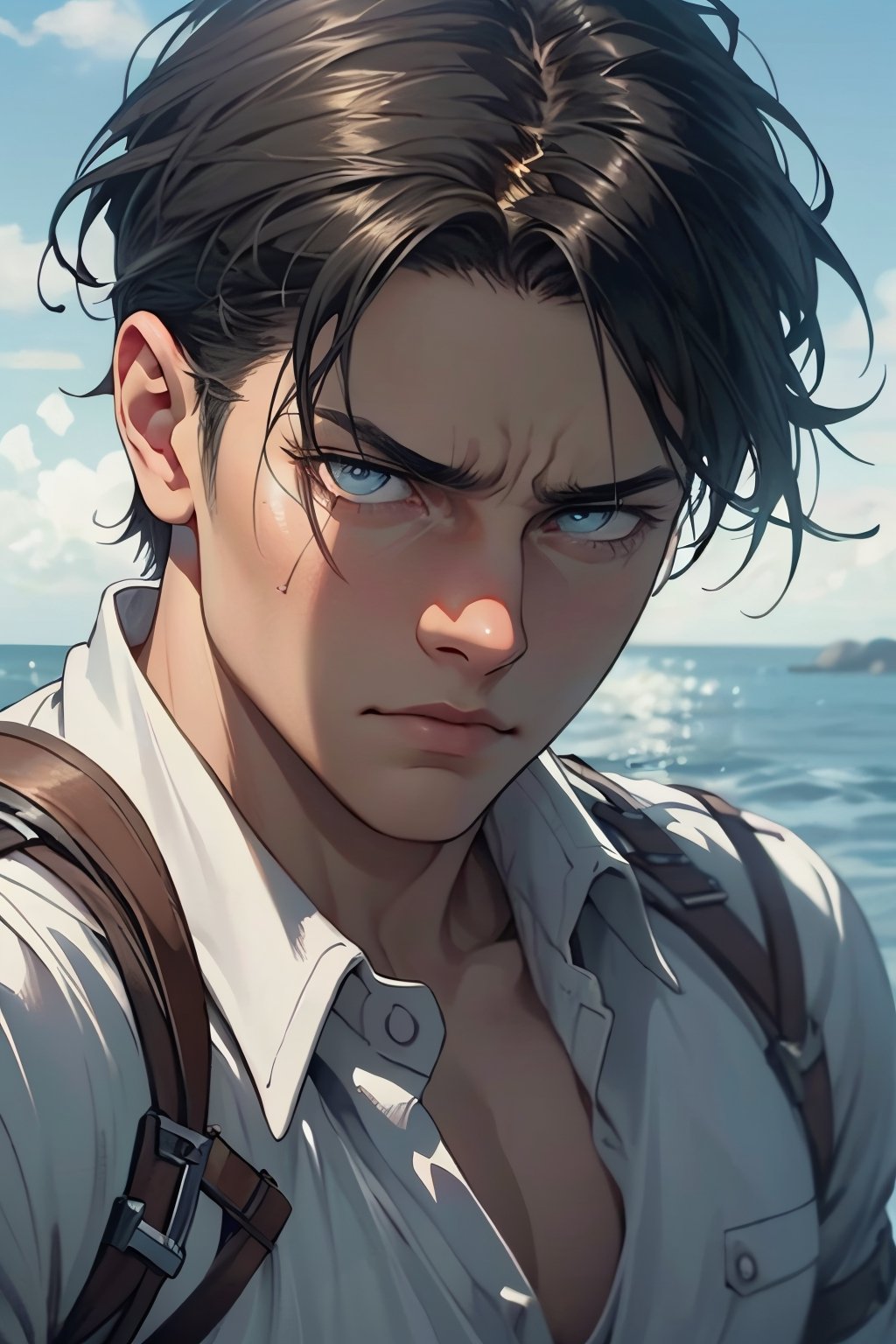 Levi Ackerman, black hair, dull blue eyes, pure white collared shirt,(white eye bandage on righteye), (AttackonTitan, wearing Omni-directional mobility gear), fit body, 34 years old, charming, alluring, dejected, depressed, sad, calm eyes, (standing), (upper body in frame), simple background, endless ocean, pink cloudy sky, dawn, 1910s harbor, only1 image, perfect anatomy, perfect proportions, perfect perspective, 8k, HQ, (best quality:1.5, hyperrealistic:1.5, photorealistic:1.4, madly detailed CG unity 8k wallpaper:1.5, masterpiece:1.3, madly detailed photo:1.2), (hyper-realistic lifelike texture:1.4, realistic eyes:1.2), picture-perfect face, perfect eye pupil, detailed eyes, realistic, HD, UHD, (front view, symmetrical picture, vertical symmetry:1.2), look at viewer