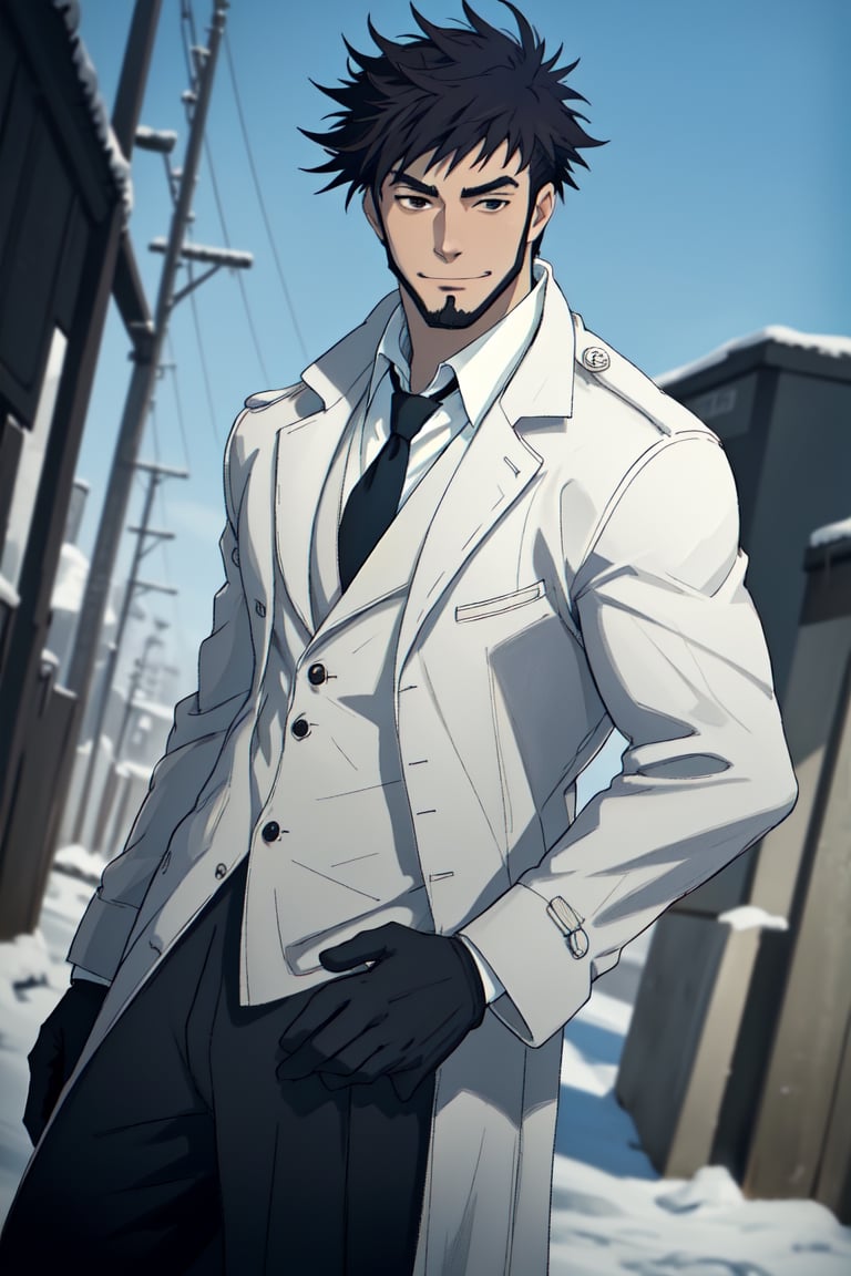 solo male, Genma Shizume, Asian, Japanese, black hair, chinstrap beard, sideburns, black eyes, calm eyes, slitty eyes, (white collared shirt, black necktie, black jacket), ((brown overcoat, open overcoat)), black pants, black gloves, mature, masculine, handsome, charming, allurin, smile, standing, upper body, hand on waist, perfect anatomy, perfect proportions, (best quality, masterpiece, high_resolution:1.3), perfect eyes, dutch angle, cowboy shot