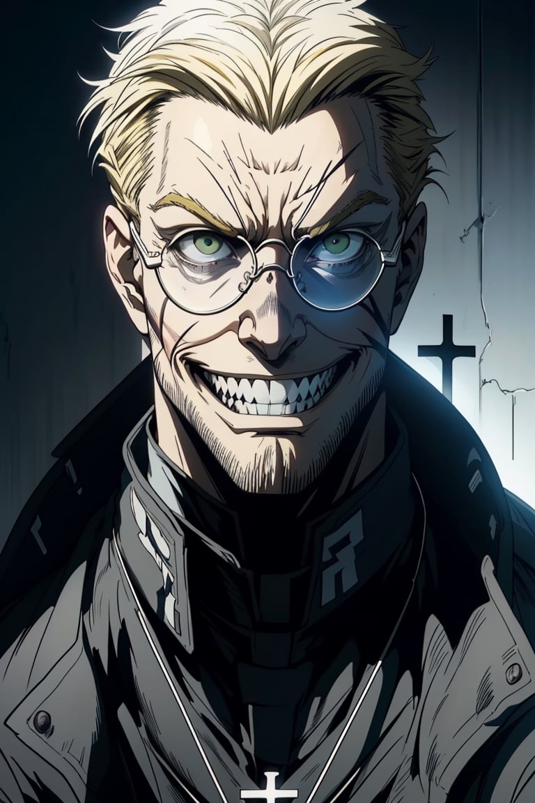 solo male, Alexander Anderson, Hellsing, Catholic priest, short silver-blond hair, green eyes, tanned skin, defined squared jaw, light facial hair, wedge-shaped scar on left cheek, (face in shadow, backlight), round glasses, (opaque glasses, glowing glasses:1.3), black clerical collar shirt with blue trim, (grey coat, open coat:1.2), white gloves, silver cross necklace, (single cross, accurate cross:1.2), mature, middle-aged, imposing, tall, handsome, charming, alluring, (crazy eyes, evil grin:1.3), (portrait, close-up, face focus), face only, perfect anatomy, perfect proportions, best quality, masterpiece, high_resolution, dutch angle, photo background, Vatican City, outdoor,Crazy face 