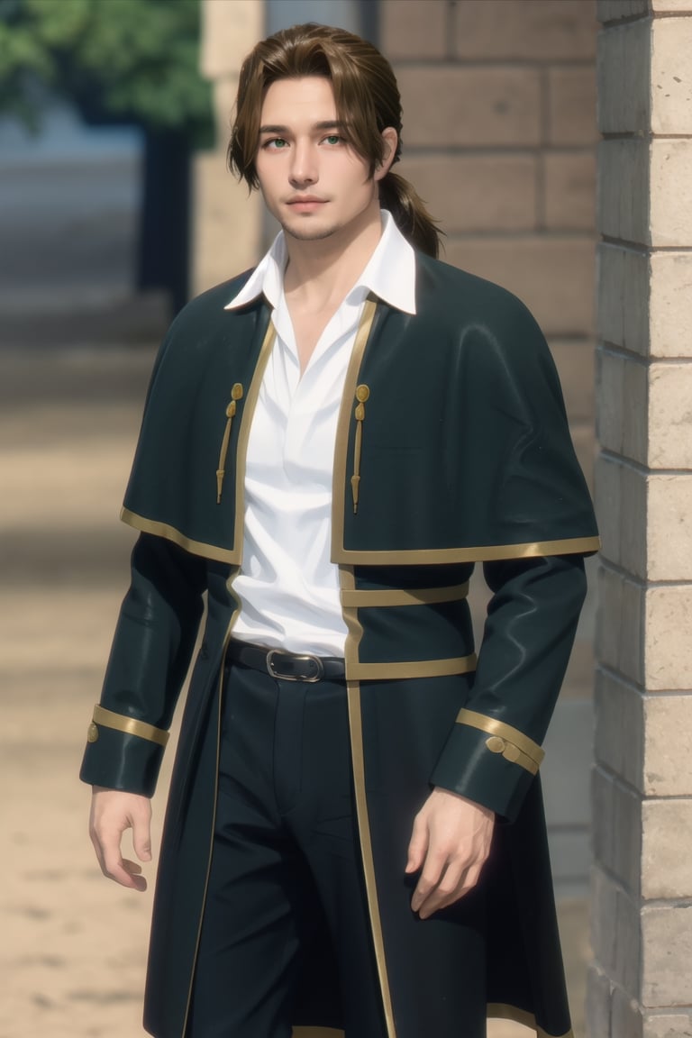 solo male, Sein \(Frieren: Beyond Journey's End\), priest, brown hair, low ponytail, parted bangs, thin hair, stubble, green eyes, white collared shirt, (shirt white hems, untucked shirt:1.3), dark coat with a golden accent, dark capelet, dark sleeves, black pants, black footwear. open coat, mature, handsome, charming, alluring, standing, upper body, perfect anatomy, perfect proportions, best quality, masterpiece, high_resolution, dutch angle, cowboy shot, photo background, old city