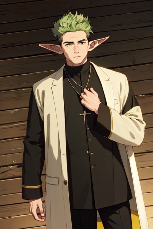 solo male, Kraft\(Frieren: Beyond Journey's End\), elf, masculine, manly, clergy, (olive green hair), short hair, undercut, multicolored hair, green eyes, pointed ears, black cassock\(clergy\) with yellow cuffs\(sleeves\), button up coat, short coat, black pants, white stole\(sashes\), white puttee, shoes, necklace, mature, handsome, charming, alluring, standing, upper body, perfect anatomy, perfect proportions, best quality, masterpiece, high_resolution, dutch angle, cowboy shot, photo background