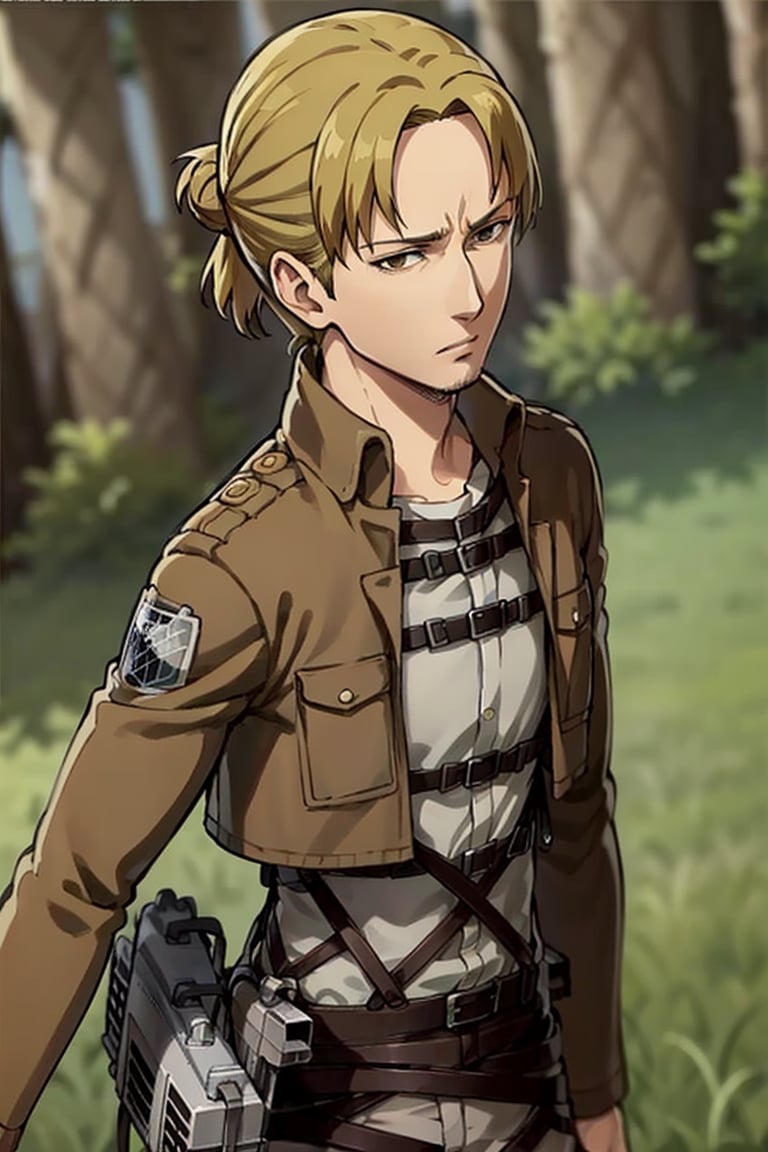 solo male, Eld Gin, Attack on Titan, blond hair, middle parting hair, single small hair bun, brown eyes, sideburns, thin goatee, Scout Regiment uniform, white shirt underneath, brown jacket, white pants, three-dimensional maneuver gear, mature, handsome, charming, alluring, (portrait, close-up), perfect anatomy, perfect proportions, best quality, masterpiece, high_resolution, dutch angle, photo background, AttackonTitan