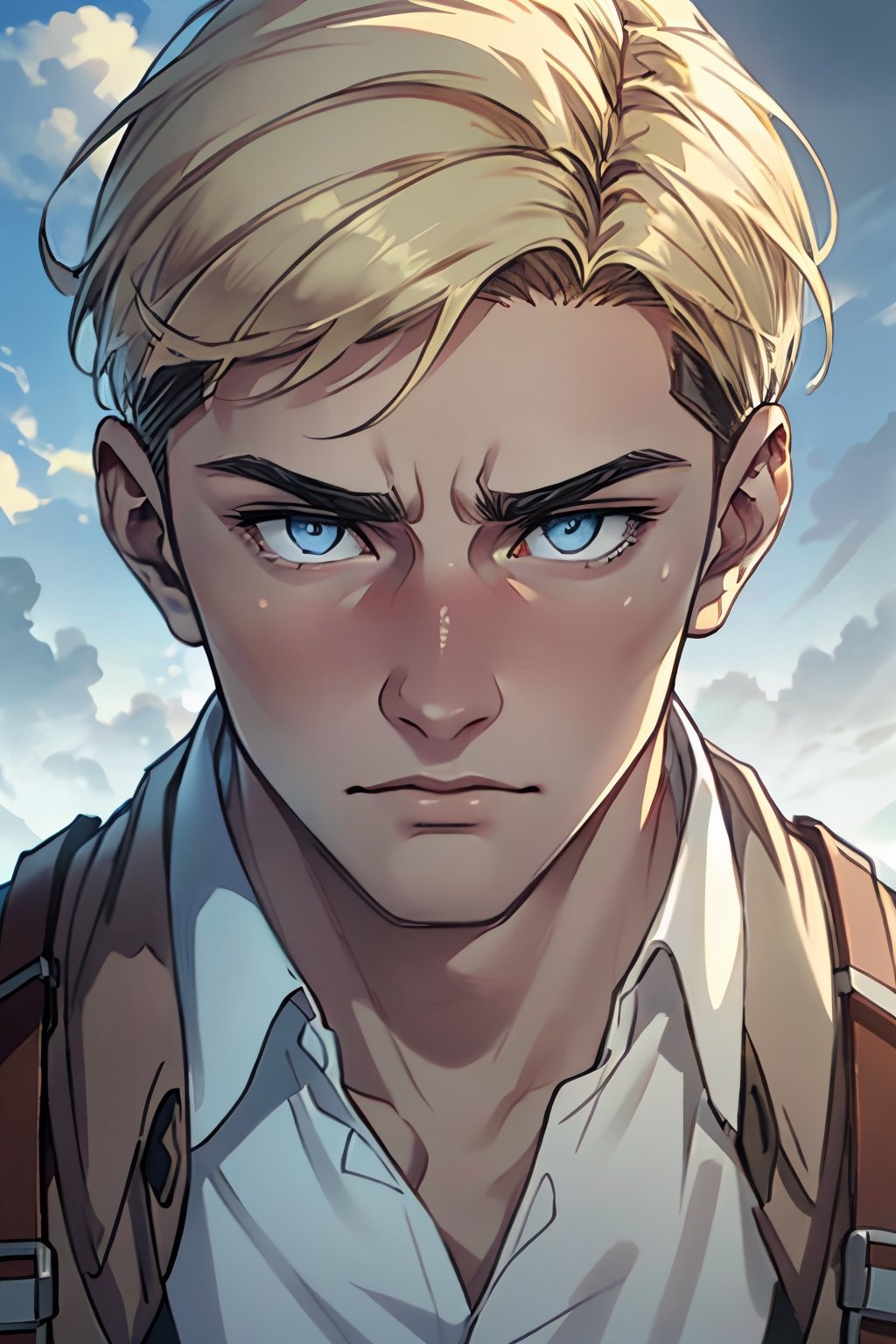 erwin_smith, blonde hair, icy blue eyes, thick eyebrows, AttackonTitan, scout regiment uniform, fit body, 39 years old, charming, alluring, dejected, depressed, sad, calm eyes, (standing), (upper body in frame), simple background, green plains, grey blue cloudy sky, dawn, only1 image, perfect anatomy, perfect proportions, perfect perspective, 8k, HQ, (best quality:1.5, hyperrealistic:1.5, photorealistic:1.4, madly detailed CG unity 8k wallpaper:1.5, masterpiece:1.3, madly detailed photo:1.2), (hyper-realistic lifelike texture:1.4, realistic eyes:1.2), picture-perfect face, perfect eye pupil, detailed eyes, realistic, HD, UHD, (front view, symmetrical picture, vertical symmetry:1.2), look at viewer,(MkmCut),Portrait