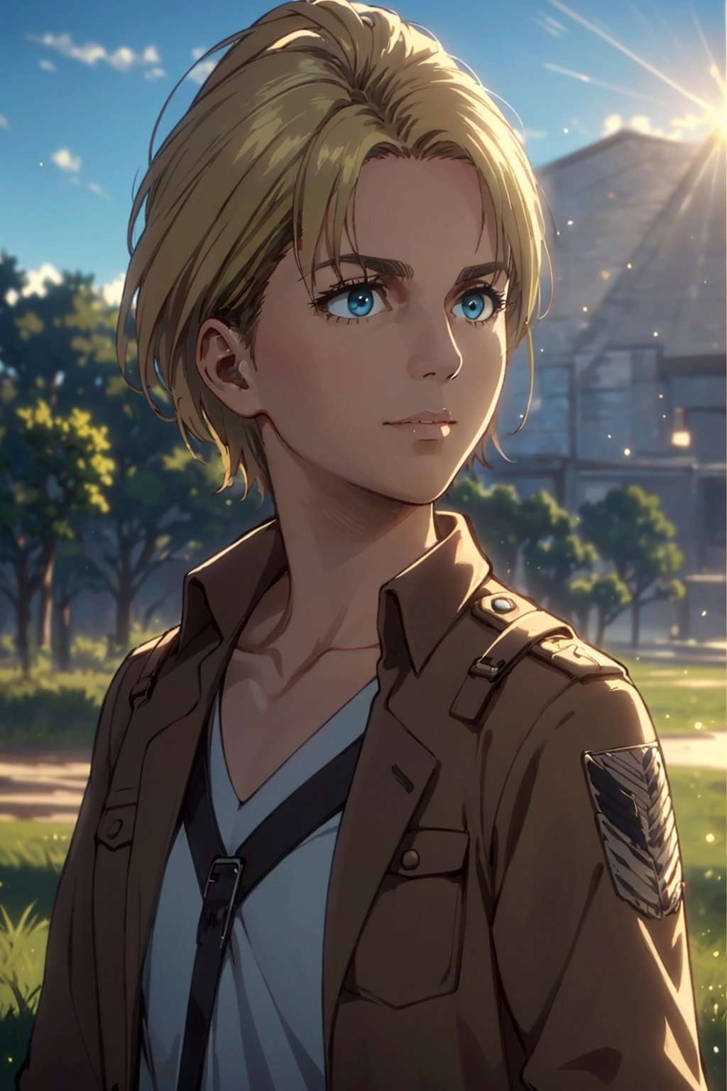 1girl, solo, Nanaba, Attack on Titan, blue eyes, wore standard Survey Corps uniform with a light-colored v-neck underneath, (blond hair) short light hair, petite build, beautiful, handsome female, charming, alluring, gentle expression, soft expression, calm, smile (standing), (upper body in frame), simple background, green plains, sky, dawn light, cinematic light, perfect anatomy, perfect proportions, 8k, HQ, HD, UHD, (best quality:1.5, hyperrealistic:1.5, photorealistic:1.4, madly detailed CG unity 8k wallpaper:1.5, masterpiece:1.3, madly detailed photo:1.2), (hyper-realistic lifelike texture:1.4, realistic eyes:1.2), picture-perfect face, perfect eye pupil, detailed eyes, dynamic, (dutch angle), (facing sunlight:1.5), (side view), AttackonTitan,perfecteyes, Nanaba ,1 girl