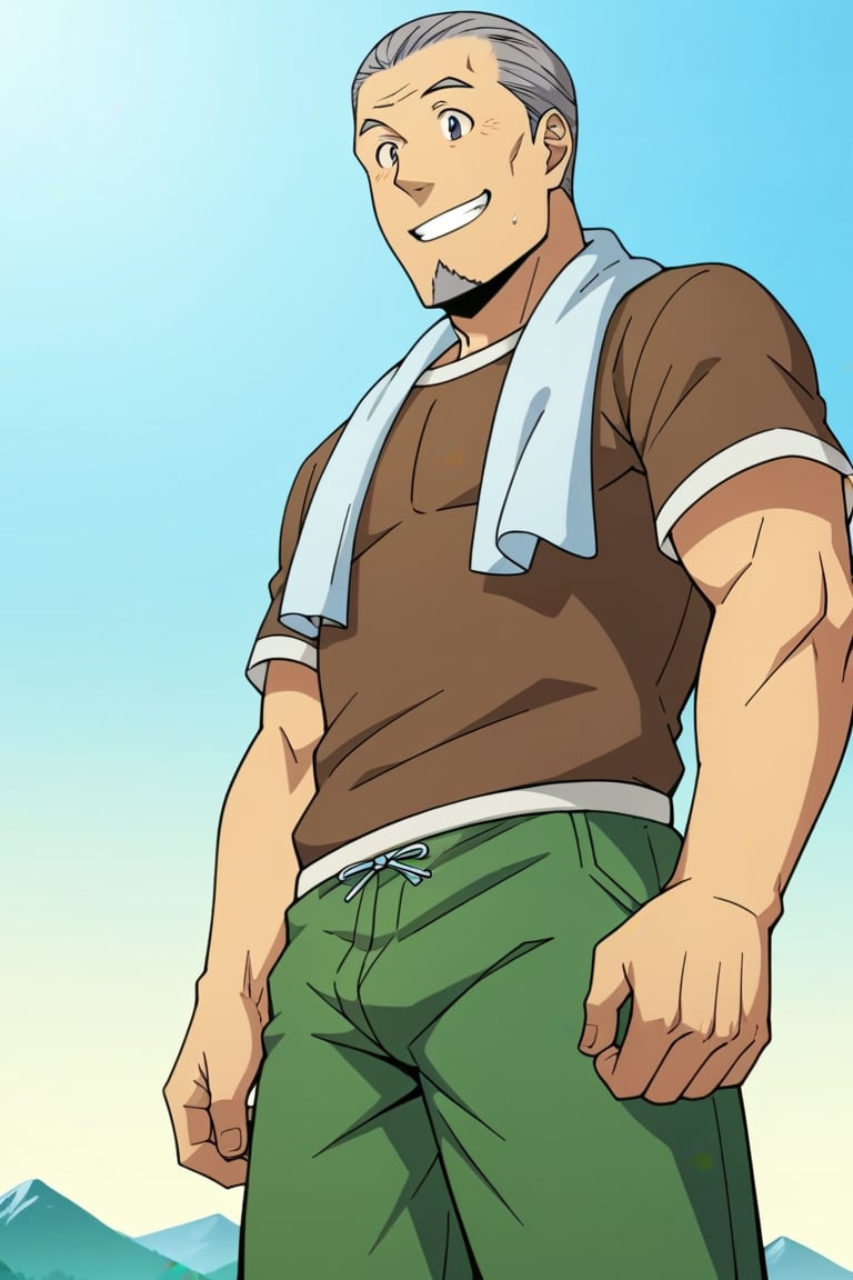 score_9, score_8_up, score_7_up, score_6_up, perfect anatomy, perfect proportions, best quality, masterpiece, high_resolution, high quality, aesthetic, absurdres, (male focus), solo male, adult, mature, masculine, manly, handsome, charming, alluring, source_anime \(Silver Spoon\), anime coloring \(Silver Spoon\),  Daisaku Mikage\(Silver Spoon\), SSDaisaku, grey hair, short hair,  black eyes, facial hair, goatee, SSDaisakui_outfit01, white t-shirt, short sleeves, green pants, white towel around neck, cowboy shot, dutch angle, from below, low angle, blue sky, outdoor, mountain, smile