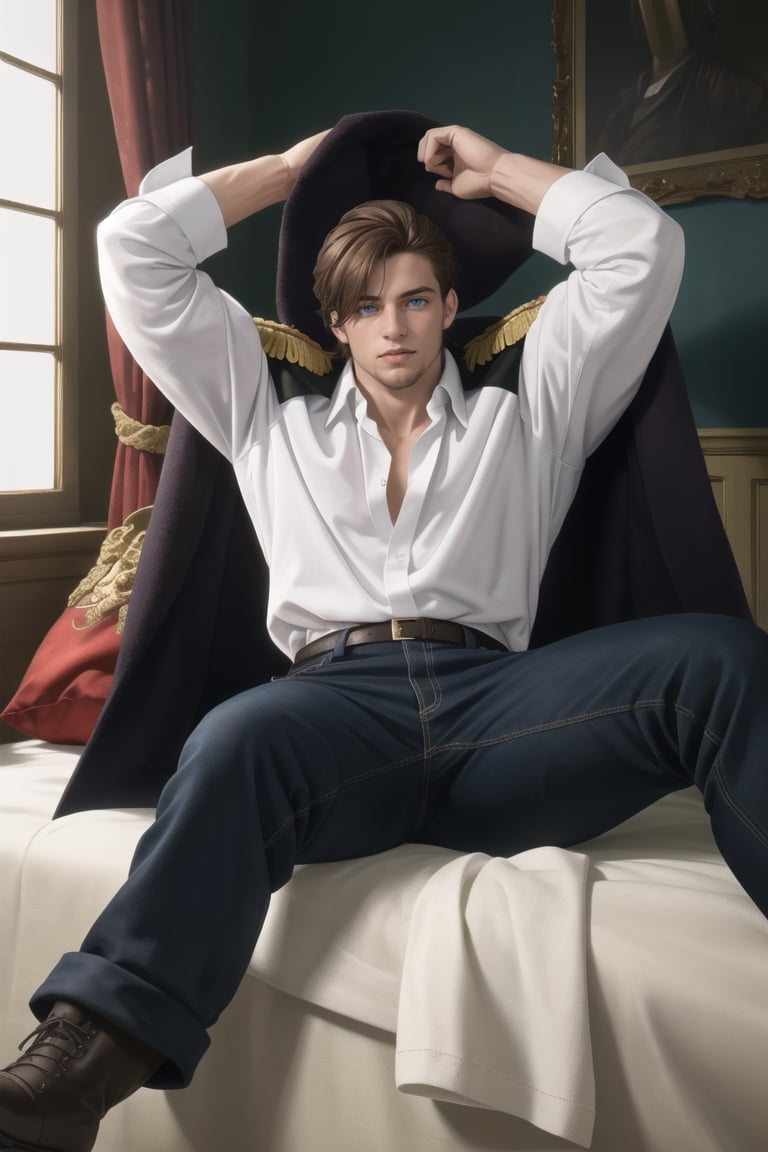 (human:1.2), highres, masterpiece, high quality, (high resolution:1.2), 1guy, solo, (Graf Granatbrown hair, brown hair, hair parted to one side, facial hair, stubble, blue eyes, sanpaku, hair over one eye), ((masculine)), white collared shirt, exposed shirt, black pants, matching boots. dark blue coat, open coat, (coat over shoulders), gold epaulettes, muscular, sitting on bed, legs up, spread eagle position, lying back, body, (day, palace), looking at viewer, innocent face, depth of field, bokeh, detailed, highly detailed, sharp focus, intricate, smooth, elegant, fantasy, cinematic lighting, cinematic, masterpiece, matte, photorealistic, 4k, beautiful, volumetric lighting, dramatic, Gayspreadeagle,Granat