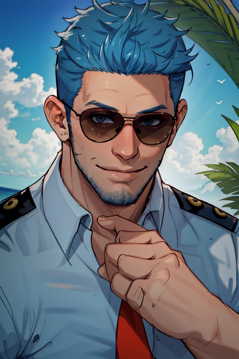(1 image only), solo male, Wilbur, Animal Crossing, personification, pure blue hair, short hair, black eyes, blue facial hair, jawline stubble, aviation pilot uniform, white collor shirt, red necktie, epaulette, aviator sunglasses, mature, dilf, bara, handsome, charming, alluring, smile,(close-up,portrai), perfect anatomy, perfect proportions, (best quality, masterpiece), (perfect eyes, perfect eye pupil), perfect hands, high_resolution, dutch angle, seaside, summer