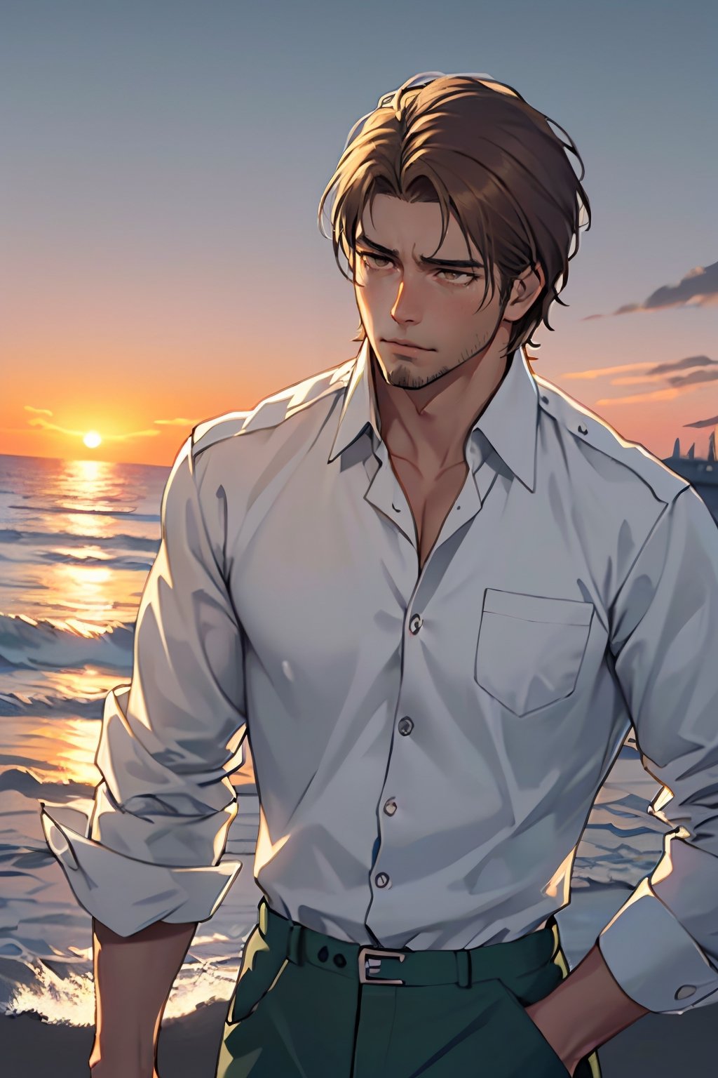 jean_kirstein(brown hair, short hair, stubble, bare forehead:1.2), (light brown eyes:1.4), fit body, (wearing pure white collared shirt, button up shirt:1.3), military green pants, black combat boots:1.2), roll up sleeve, manly, bulky, charming, alluring, dejected, depressed, sad, (standing), (upper body in frame), simple background(1910s harbor, sunset on ocean, endless ocean, nightfall), backlight, orange sky, perfect light, only 1 image, perfect anatomy, perfect proportions, perfect perspective, 8k, HQ, (best quality:1.5, hyperrealistic:1.5, photorealistic:1.4, madly detailed CG unity 8k wallpaper:1.5, masterpiece:1.3, madly detailed photo:1.2), (hyper-realistic lifelike texture:1.4, realistic eyes:1.2), picture-perfect face, detailed eyes, realistic, HD, UHD, front view, tear in eyes