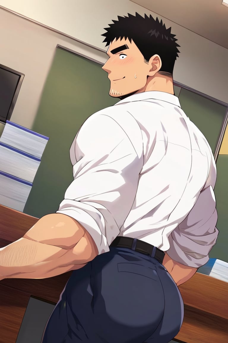 score_9, score_8_up, score_7_up, score_6_up, perfect anatomy, perfect proportions, best quality, masterpiece, high_resolution, high quality, ((solo male)), Harumi Takeda , takeda harumi \(shiromanta\), black hair, short hair, facial hair, stubble, black eyes, thick eyebrows, sanpaku, constricted pupils, (white collared shirt), roll up sleeves, black pants, adult, mature, masculine, manly, tone, muscular, handsome, charming, alluring, standing, friendly, smile, slight blush, upper body, dutch angle, cowboy shot, simple background, BREAK office, (from behind, hands on desk), backside, ((big butt, butt focus, butt raised)), look over shoulder
