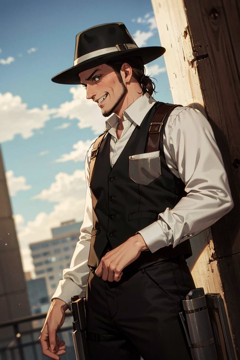 solo male, Kenny Ackerman, Attack on Titan Anime style, brown hair, hair slicked back, grey eyes, sideburns, thin beard along jawline, white collared shirt, long sleeves, (simple black vest, long vest), black pants, (dark fedora hat), vertical maneuvering equipment, armor, holster, athletic build, middle-age, mature, handsome, charming, alluring, grin, standing, upper body, perfect anatomy, perfect proportions, best quality, masterpiece, high_resolution, dutch angle, cowboy shot, photo background