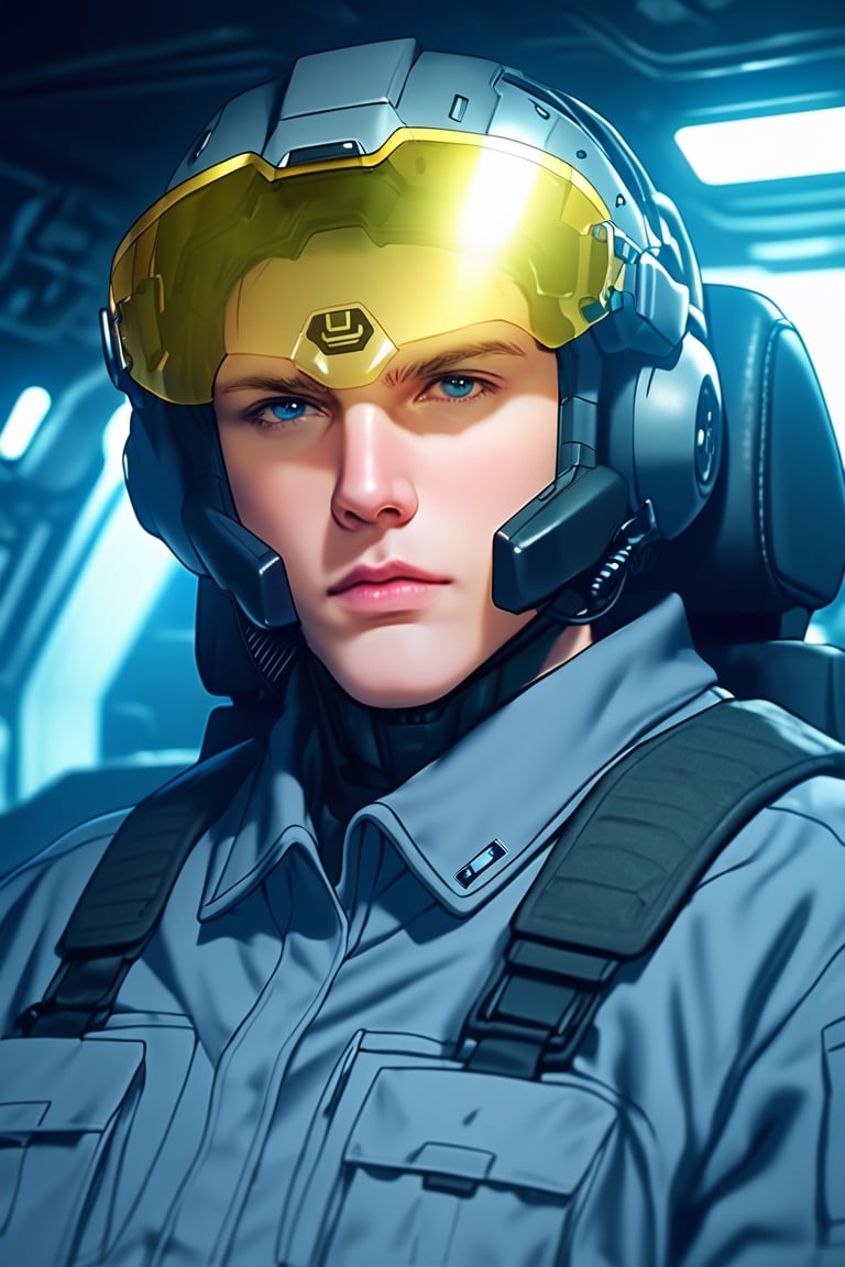 score_9,score_8_up,score_7_up, solo male, Lewis Smith \(Brave Bang Bravern\), ((blond hair)), short hair, blue eyes, (((grey pilot jumpsuit, gray pilot  jumpsuit, grey sleeves))), black tactical vest, helmet, yellow visor, (eyes behind visor), holding helmet, padded sleeves, tactical gloves, portrait, close-up, headshot, from front, mature, handsome, charming, alluring, beefy, intense eyes, serious, sad, fatigue, sweatdrop, exertion, helpless, sitting, huge industrial mecha, mecha cockpit, operator's seat, throttle, joystick, seatbelt, multiple monitor screen, perfect anatomy, perfect proportions, best quality, masterpiece, high_resolution, dutch angle, photo background, science fiction, mecha, multiple monitors, cinematic, war, mecha, robot, cinematic still, emotional, harmonious, vignette, bokeh, cinemascope, moody, epic, gorgeous, city ruins, 