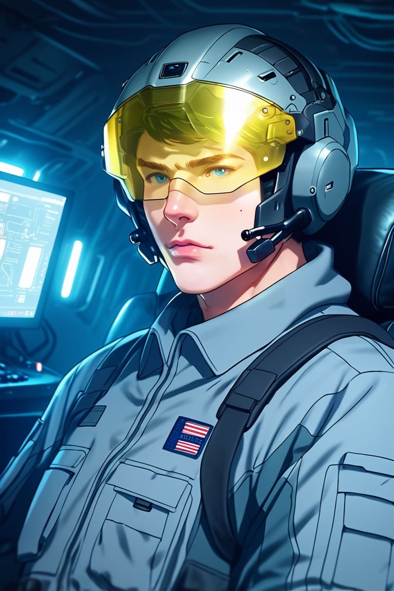 score_9,score_8_up,score_7_up, solo male, Lewis Smith \(Brave Bang Bravern\), ((blond hair)), short hair, blue eyes, (((grey pilot jumpsuit, gray pilot  jumpsuit, grey sleeves))), black tactical vest, helmet, yellow visor, (eyes behind visor), holding helmet, padded sleeves, tactical gloves, portrait, close-up, headshot, from side, mature, handsome, charming, alluring, beefy, intense eyes, serious, sad, fatigue, sweatdrop, exertion, helpless, sitting, huge industrial mecha, mecha cockpit, operator's seat, throttle, joystick, seatbelt, multiple monitor screen, perfect anatomy, perfect proportions, best quality, masterpiece, high_resolution, dutch angle, photo background, science fiction, mecha, multiple monitors, cinematic, war, mecha, robot, cinematic still, emotional, harmonious, vignette, bokeh, cinemascope, moody, epic, gorgeous, city ruins, 