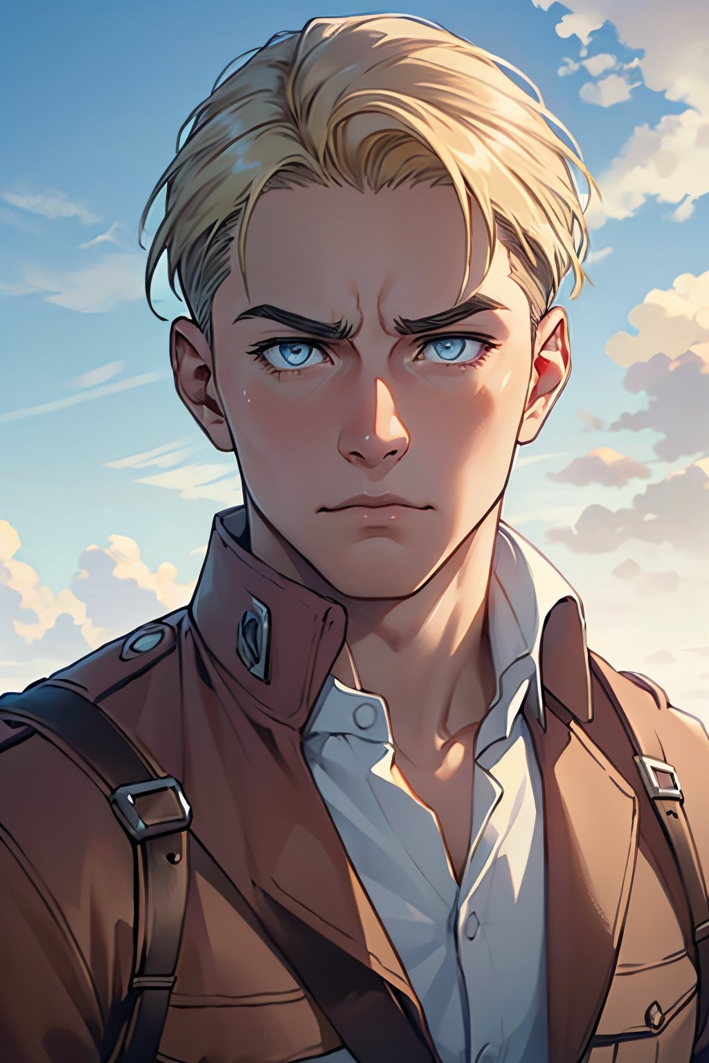 erwin_smith, blonde hair, icy blue eyes, thick eyebrows, AttackonTitan, scout regiment uniform, fit body, 39 years old, mature, dilf, charming, alluring, dejected, depressed, sad, calm eyes, (standing), (upper body in frame), simple background, green plains, grey blue cloudy sky, dawn, only1 image, perfect anatomy, perfect proportions, perfect perspective, 8k, HQ, (best quality:1.5, hyperrealistic:1.5, photorealistic:1.4, madly detailed CG unity 8k wallpaper:1.5, masterpiece:1.3, madly detailed photo:1.2), (hyper-realistic lifelike texture:1.4, realistic eyes:1.2), picture-perfect face, perfect eye pupil, detailed eyes, realistic, HD, UHD, (front view, symmetrical picture, vertical symmetry:1.2), look at viewer