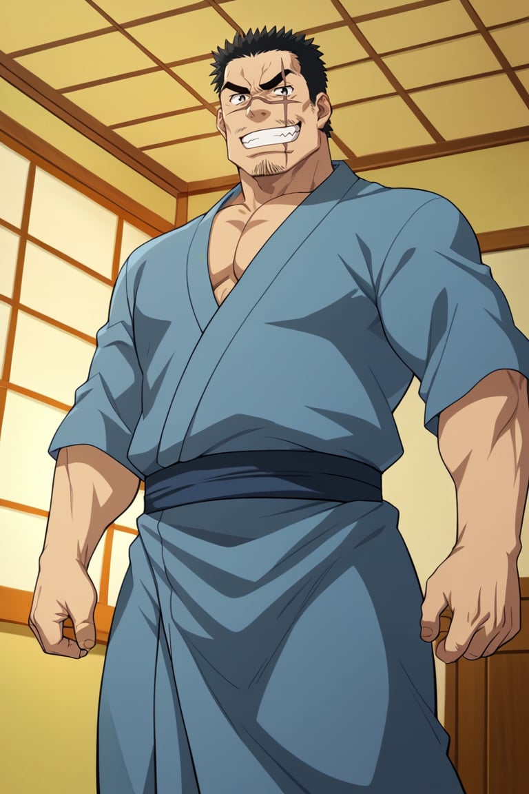 score_9, score_8_up, score_7_up, score_6_up, perfect anatomy, perfect proportions, best quality, masterpiece, high_resolution, high quality, best aesthetic, incredibly absurdres, highres, extremely detailed, huge filesize, mature, masculine, manly, virile, handsome, charming, alluring, bara, male focus, solo male, cowboy shot, source_anime \(My Bride is a Mermaid\), anime coloring \(My Bride is a Mermaid\), Gozaburo Seto \My Bride is a Mermaid\), MBMGozaburo, black hair, short hair, black eyes, sanpaku, sideburns, facial hair, stubble, thick eyebrows, scar across eye, scar across nose, Gozaburo_Outfit01, Japanese clothes, grey-blue yukata, grin, standing, indoors sliding shoji doors, pohoto background, look at viewer, low angle