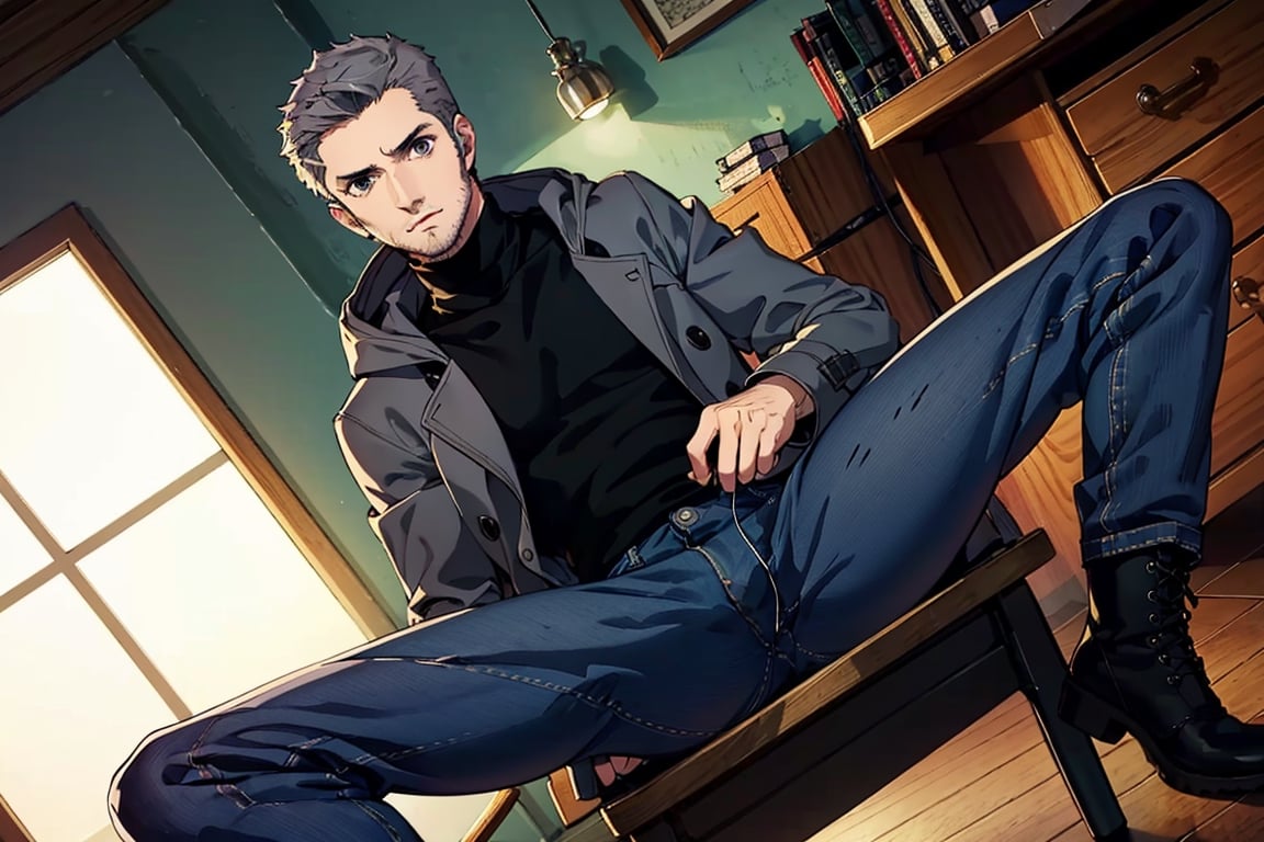 (1 image only), solo male, Munehisa Iwai,  Persona, Asian, Japanese, Weapons Dealer, grey hair, short hair, stubble, grey eyes, sideburns, black turtleneck sweater, long gray coat, open coat, coat hood down, simple blue jeans, black leather boots, mature, masculine, handsome, charming, alluring, lying on chair, (feet on desk, crss legs), perfect anatomy, perfect proportions, (best quality, masterpiece), (perfect eyes), high_resolution, dutch angle, [cowboy shot], weapon workshop