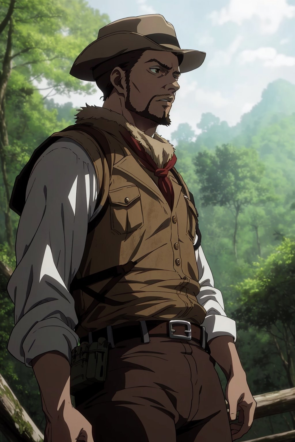 solo male, Artur Braus, Attack on Titan Anime style, hunter, shaggy brown hair, hair slicked back, brown eyes, sideburns, thin beard, thin goatee, white shirt,(brown fur vest), long sleeves, (loose red cravat), black pants, hat, middle-age, mature, handsome, charming, alluring, standing, upper body, perfect anatomy, perfect proportions, best quality, masterpiece, high_resolution, dutch angle, cowboy shot, photo background, forest
