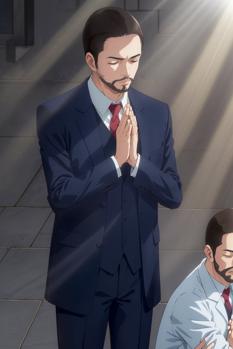 (solo male), Maeda, Asobi Asobase, butler, black hair, short hair, black eyes, facial hair, dark blue 3 Piece Suit, formal, white collared shirt, red necktie, dark blue vest, dark blue jacket, dark blue pants, mature, handsome, charming, alluring, calm, polite, standing, upper body, perfect anatomy, perfect proportions, best quality, masterpiece, high_resolution, cowboy shot, (simple background), ((light rays, holy lights from above)), closed eyes, ((folding hands together, Añjali Mudrā hands gesture)), view from front 
