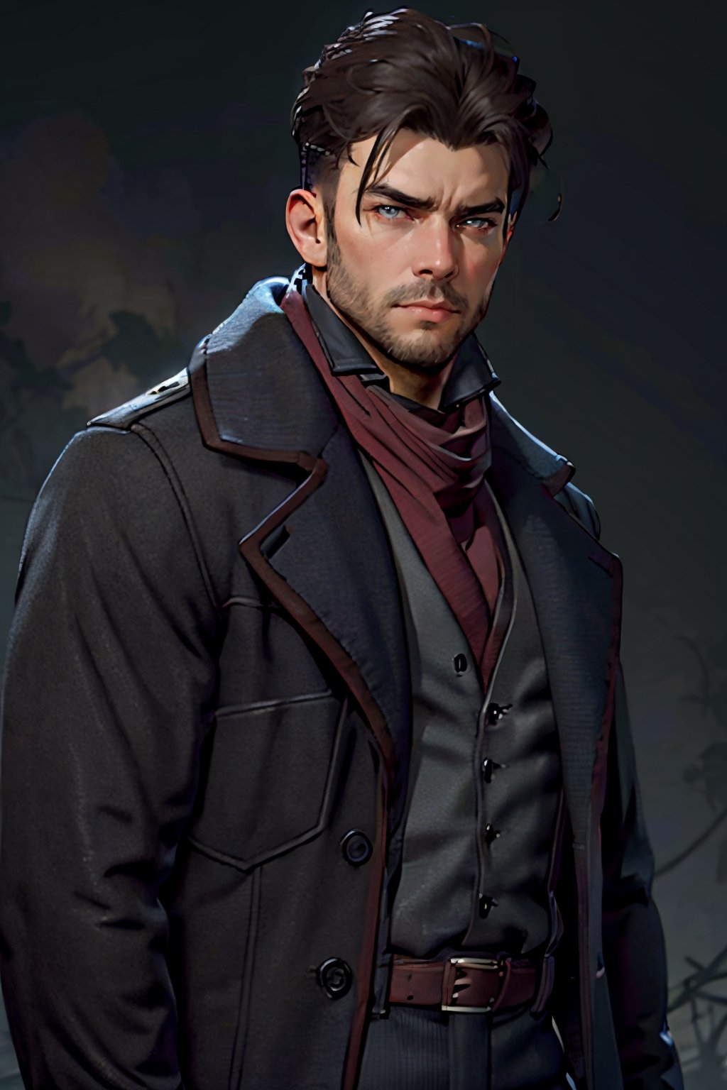 Geoffrey McCullum, black hair, crewcut, stubble, handsome, charming, alluring, rugged, black trench coat, black pants, grey vest, dark red cravat, (standing), (upper body in frame), simple background, 1918 London, fog, dark atmosphere, perfect light, perfect anatomy, perfect proportions, perfect perspective, 8k, HQ, (best quality:1.5, hyperrealistic:1.5, photorealistic:1.4, madly detailed CG unity 8k wallpaper:1.5, masterpiece:1.3, madly detailed photo:1.2), (hyper-realistic lifelike texture:1.4, realistic eyes:1.2), picture-perfect face, perfect eye pupil, detailed eyes, realistic, HD, UHD, (front view:1.2), portrait, looking outside frame,perfecteyes